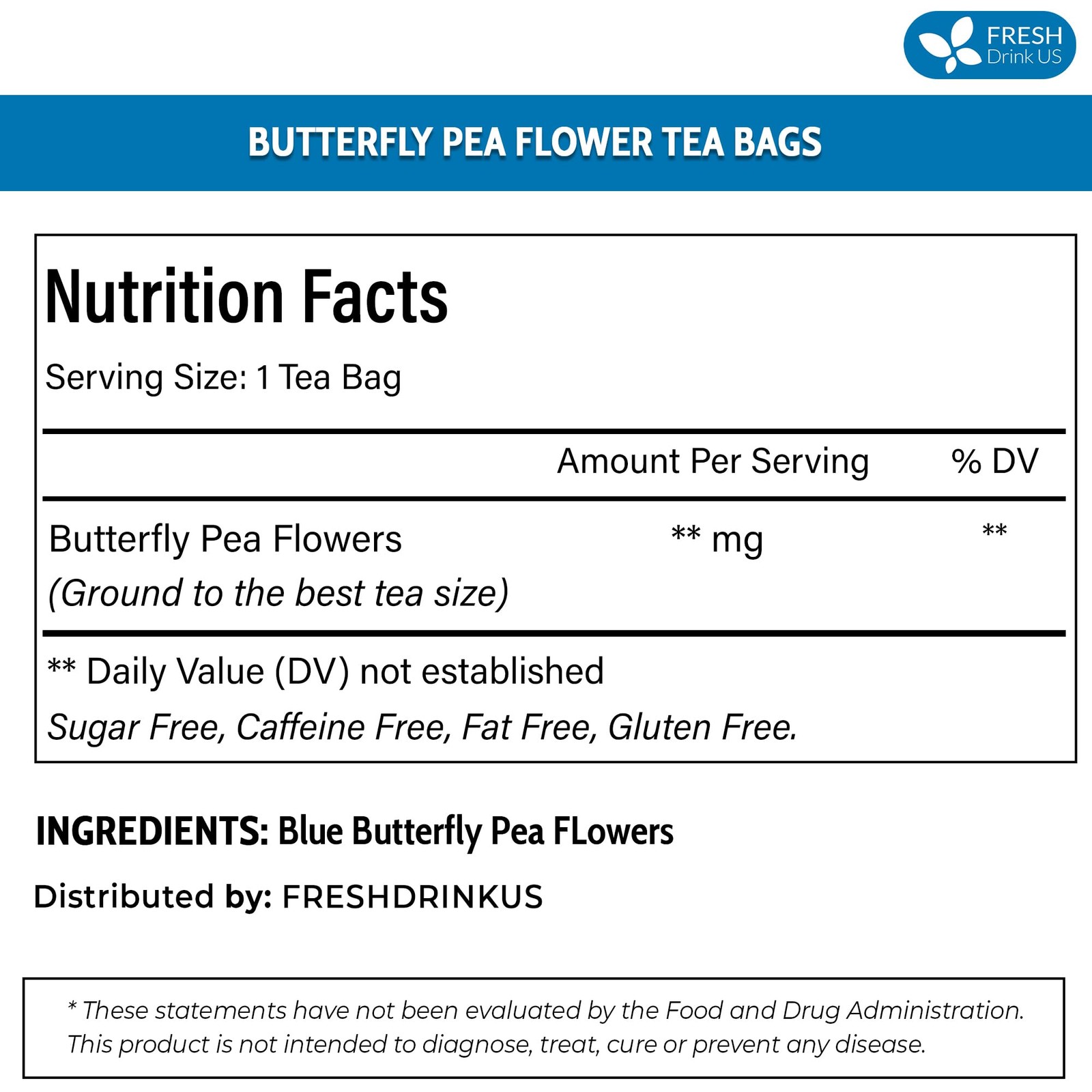 FreshDrinkUS, Premium 75 Tea Bags Blue Butterfly Pea Flowers, 75
