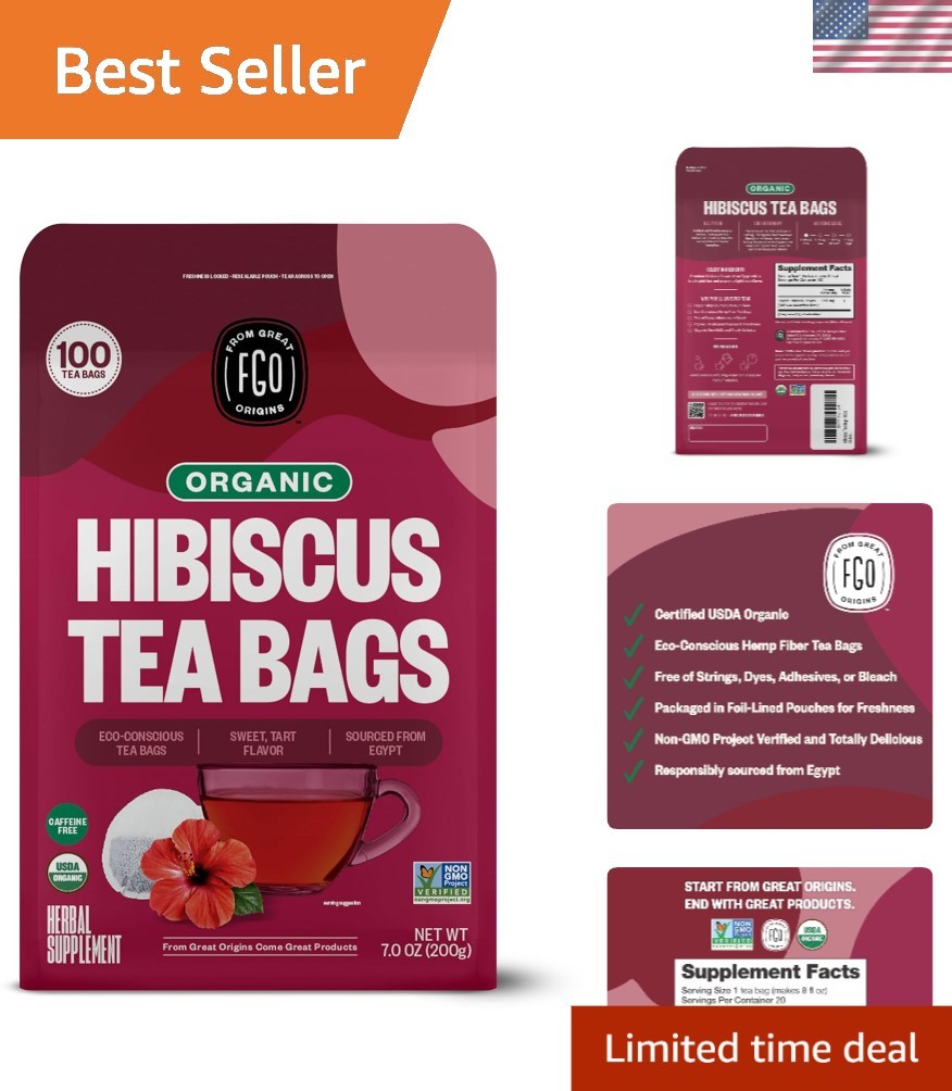 Organic Hibiscus Tea Bags Caffeine Free Eco-Conscious 100 Count Pack