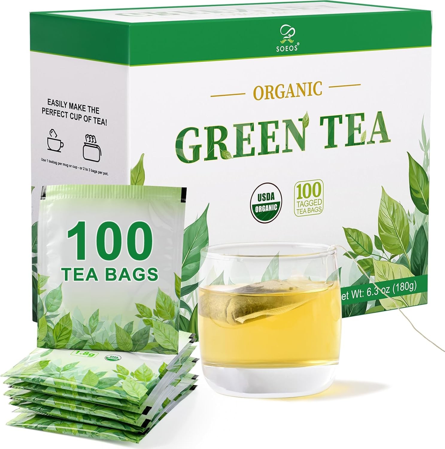 Organic Green Tea, 6.3 oz (180g), 100 Tea Bags, Refreshing and Fragrant,
