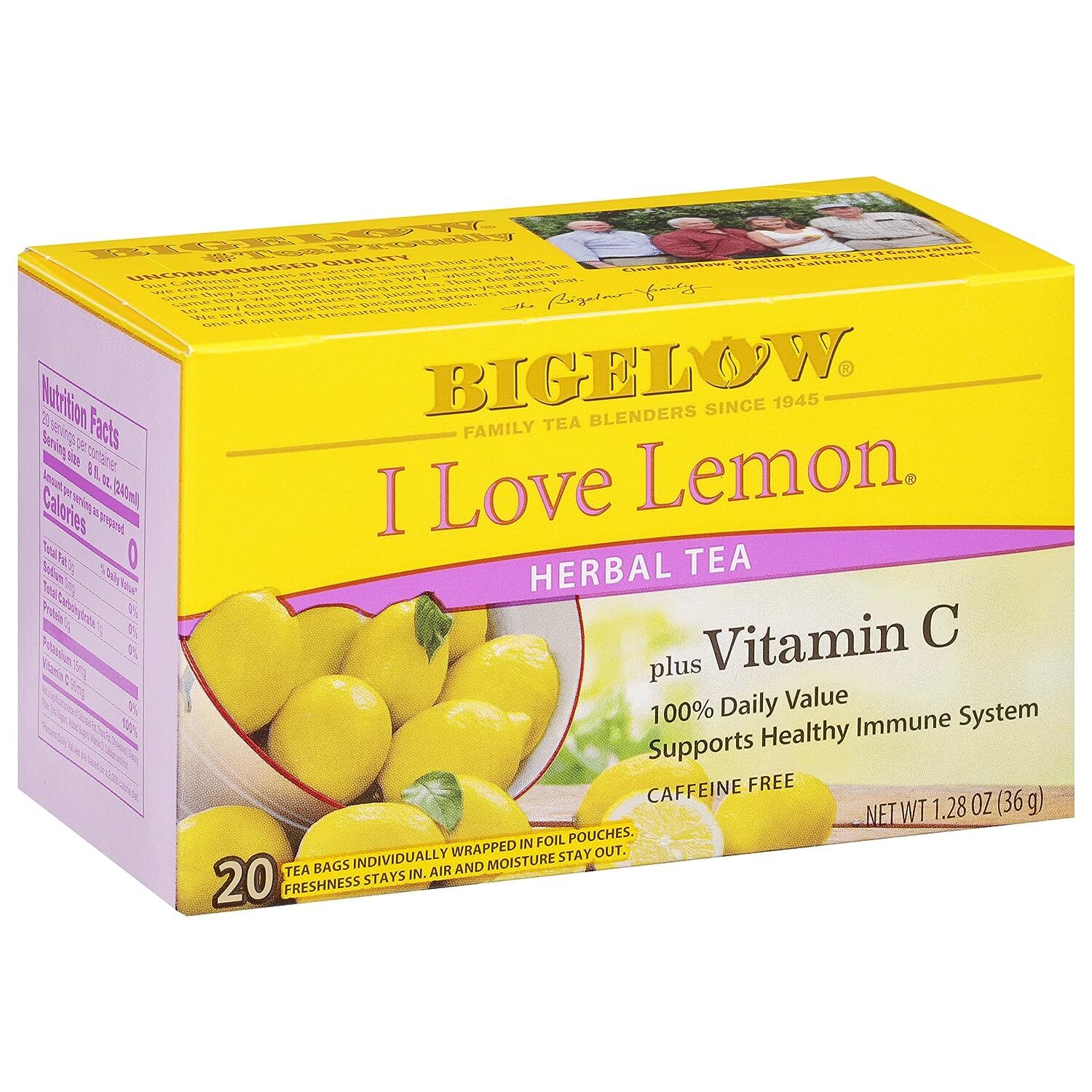 Bigelow I Love Lemon with Vitamin C Herbal Tea Bags, 20 Count Box (Pack of 6)