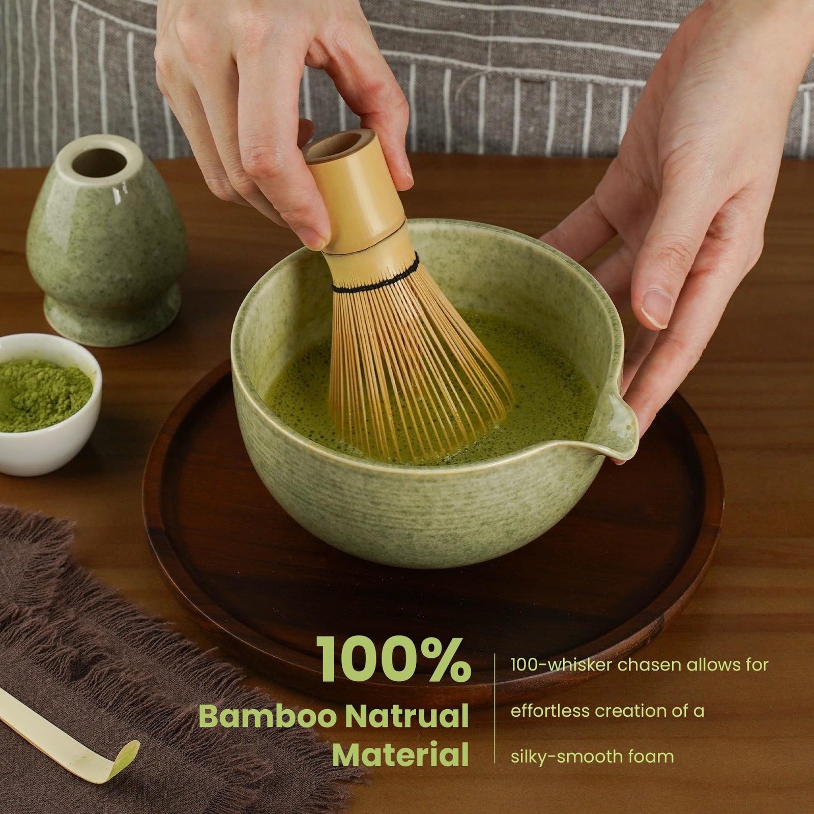 Matcha Whisk Set 5 Pc Ceramic Bowl Bamboo Chasen Scoop Holder Sifter