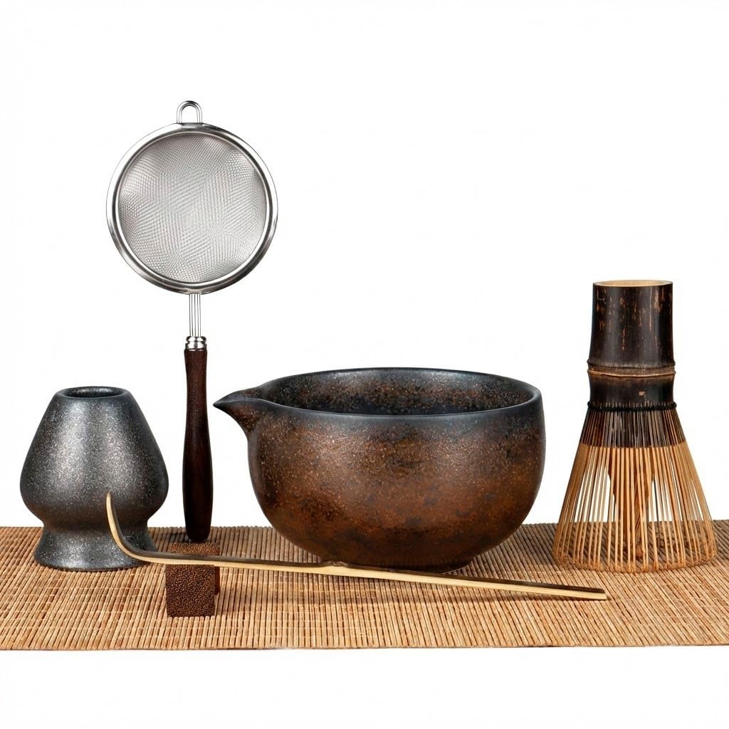 Matcha Whisk Set 7 Pc Handmade Bowl Purple Bamboo Chasen Holder Scoop Mat