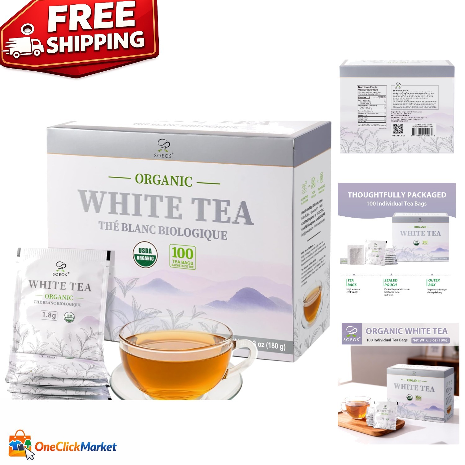 Elegant Organic White Tea – 100 Individually Wrapped Teabags, Low Caffeine