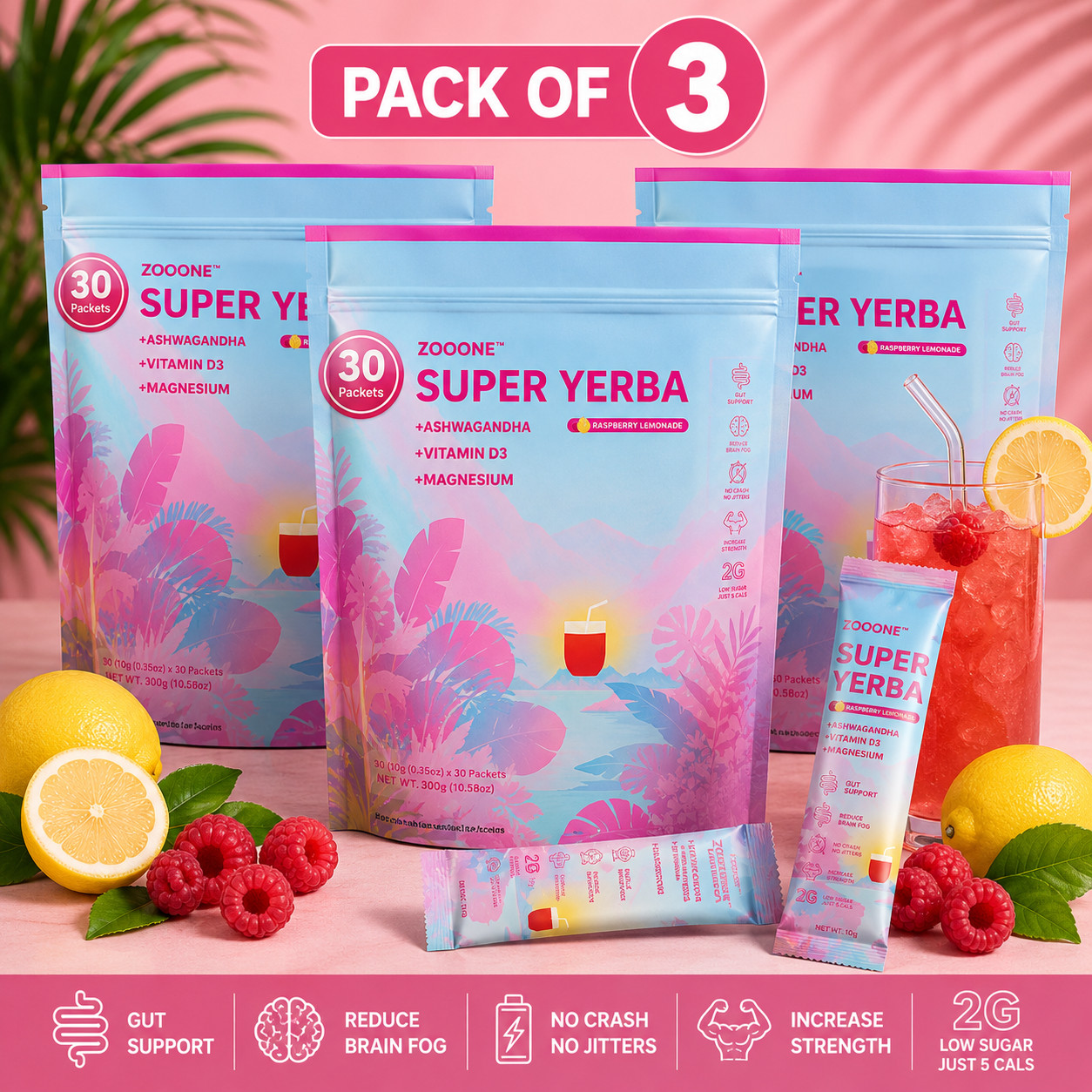 Zooone Super Yerba Pack of 3 Raspberry Lemonade Energy Drink Mix Ashwagandha D3