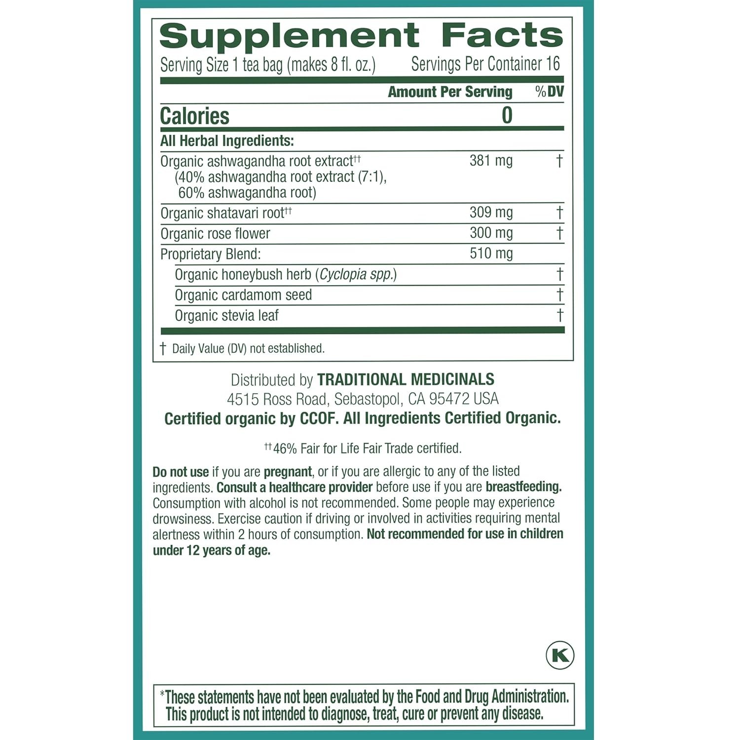 Caffeine-Free Organic Stress Relief Tea – 16 Bags of Ashwagandha & Honeybush