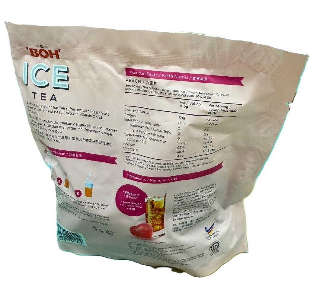 Boh Ice Tea Instant Mix Peach Flavour Vitamin C Less Sugar 20s x 14.5g – 1 Pack