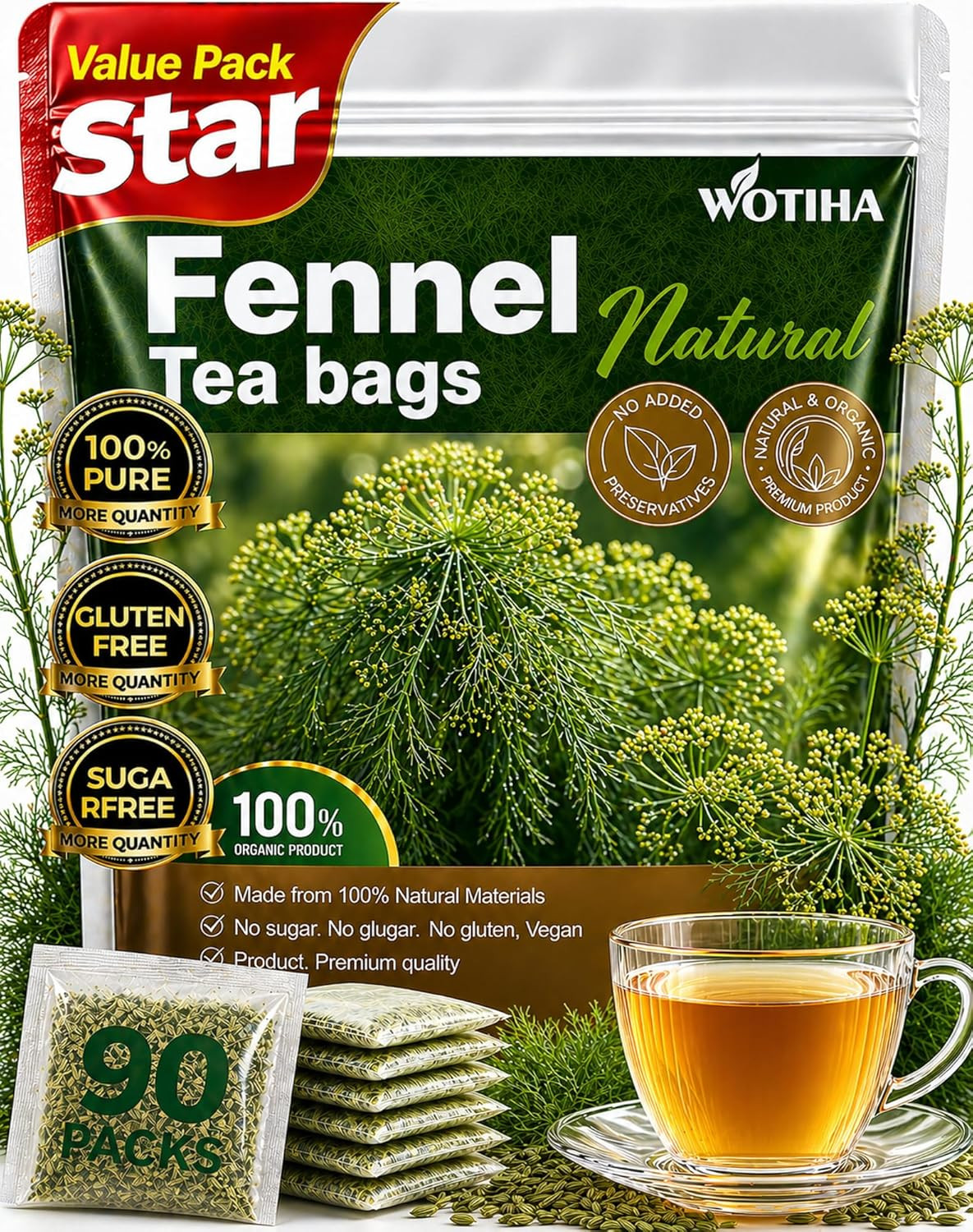 90 Count Organic Premium Fennel Tea Bags – 100% Natural & Pure Herbal Tea, Suppo