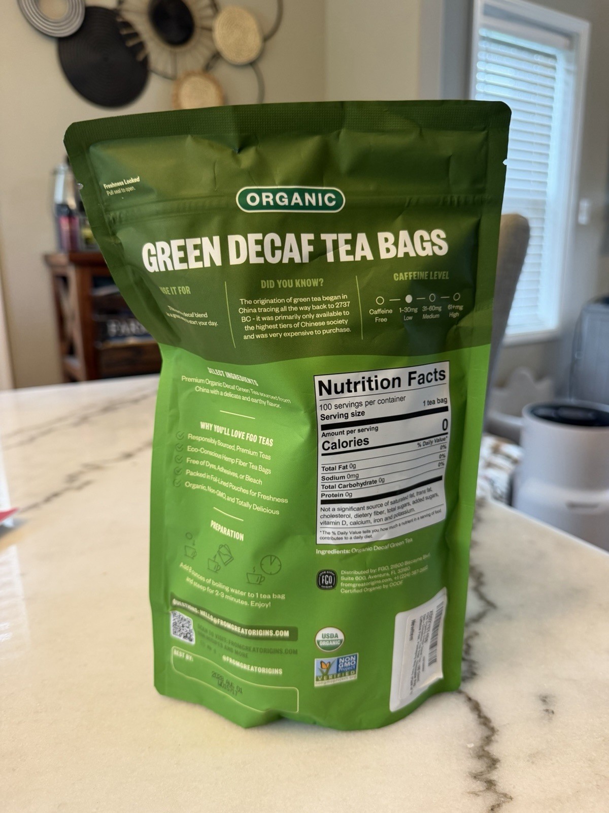 FGO Organic Green Decaf Tea, 100 Count, Eco-Conscious 100 Count 08/2028 New