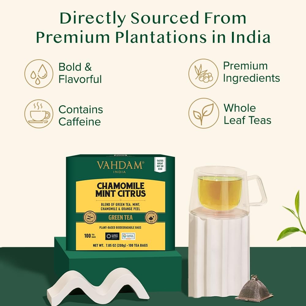 , Chamomile Mint Citrus Green Tea Bags 100 Count Low Caffeine, Non GMO, Glute…