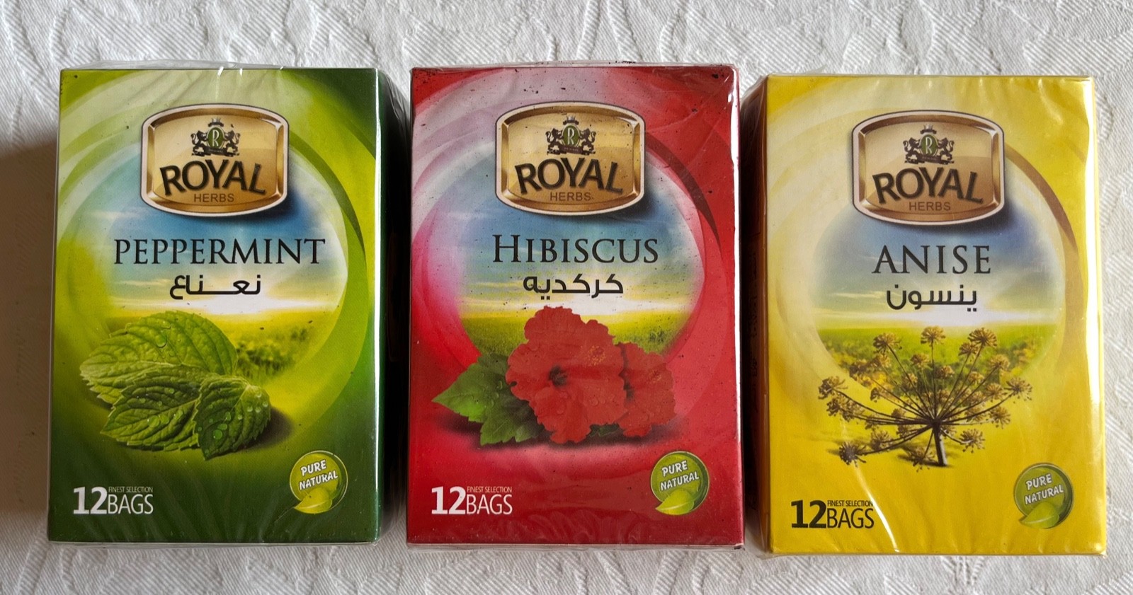 3 Packs ROYAL herbal teabags 12 ct anise 12 ct hibiscus 12 ct Mint