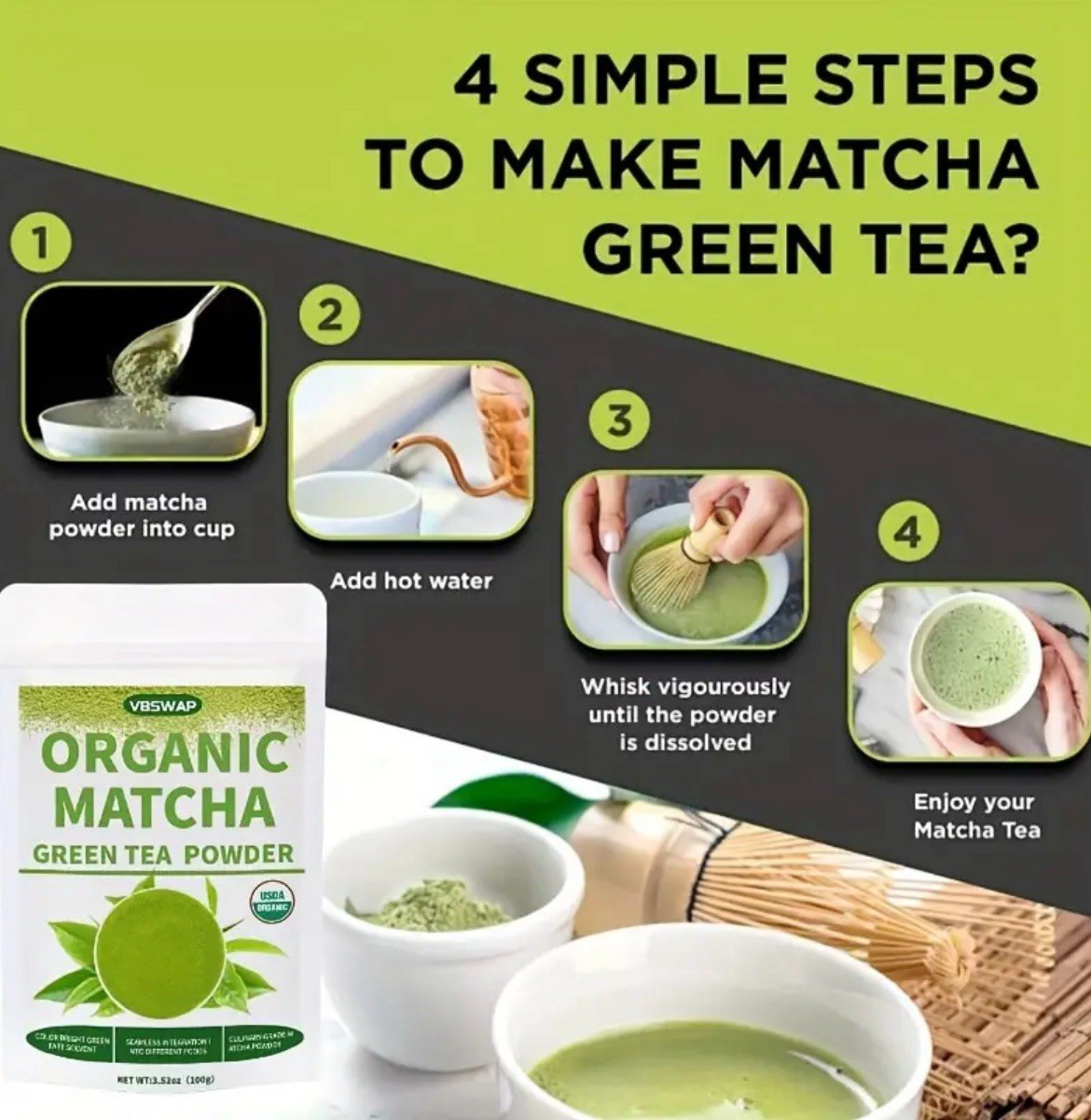 VBSWAP Organic Matcha Green Tea Powder 100g 3.5oz Pure Culinary Grade Latte Keto