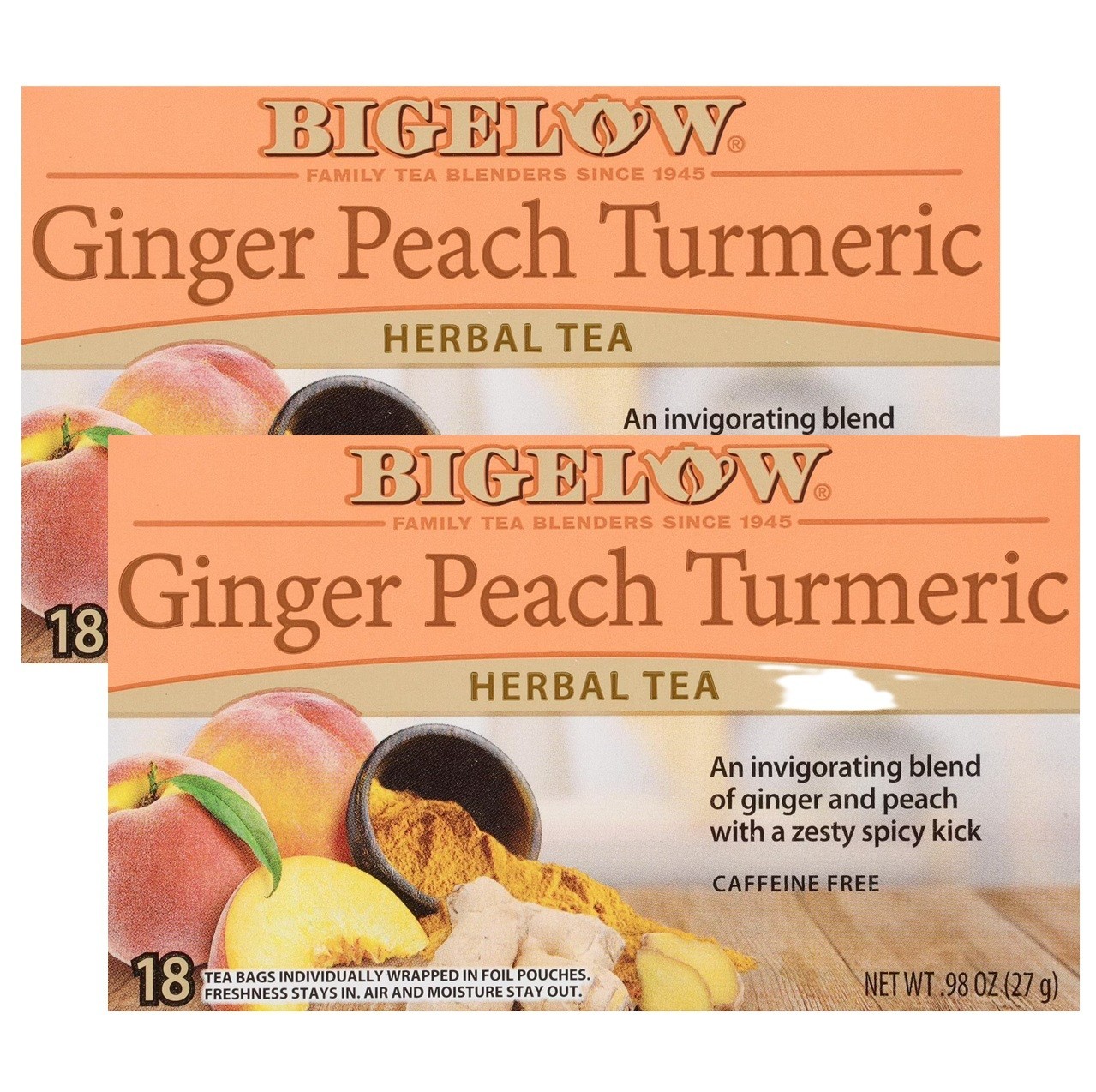 Bigelow Ginger Peach Turmeric Herbal Tea, Caffeine Free, 18 Count