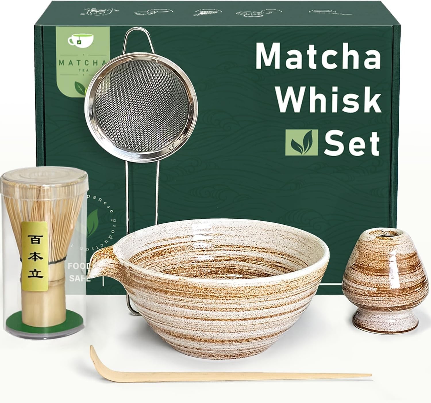 Matcha Whisk Set with Ceramic Matcha Bowl and Bamboo Whisk Kit