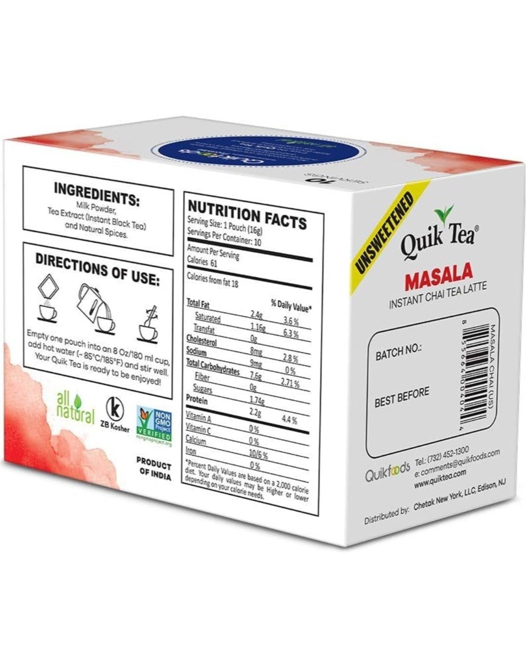 QuikTea Unsweetened Masala Chai Tea Latte – 100 Count (10 Boxes of 10 Each)