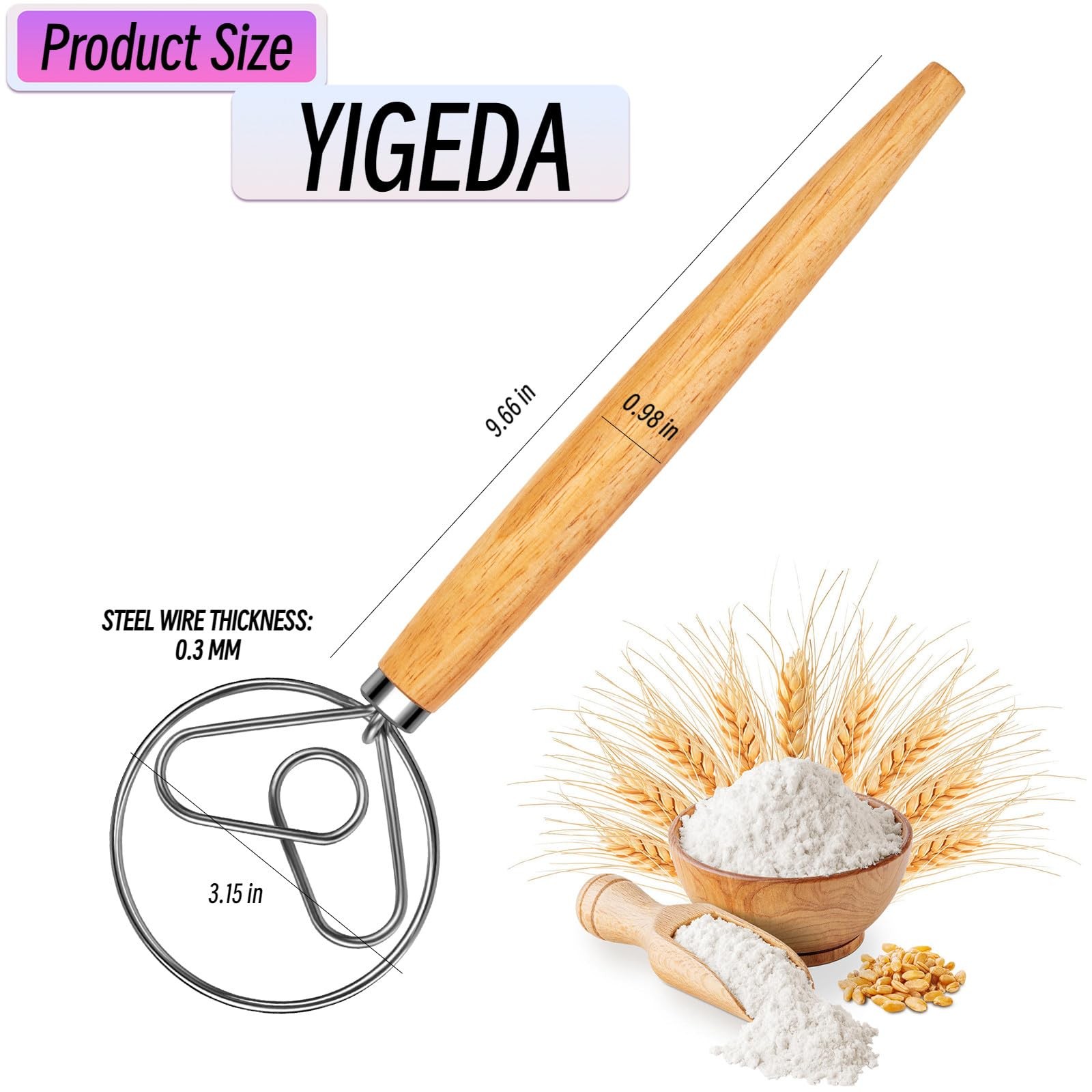 YIGEDA Danish Dough Whisk Stainless Steel Hook Large, # 1 rubberwood