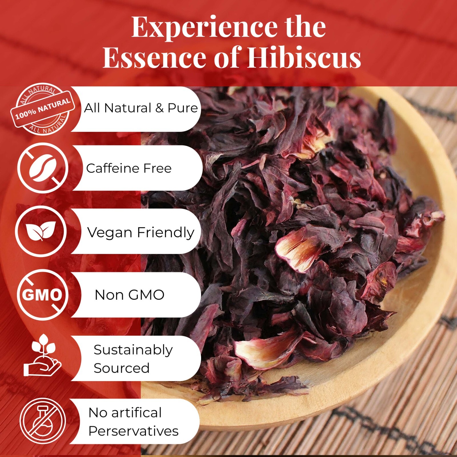 Dried Hibiscus Flower, Flor De Jamaica, Hibiscus Tea, Caffeine Free, 2.6oz