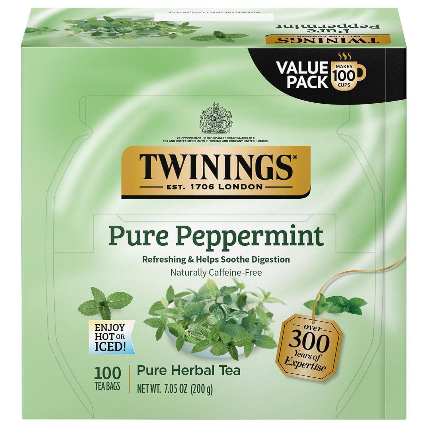 Twinings Pure Peppermint, 100 Individually Wrapped Tea Bags, Fresh Minty Free,