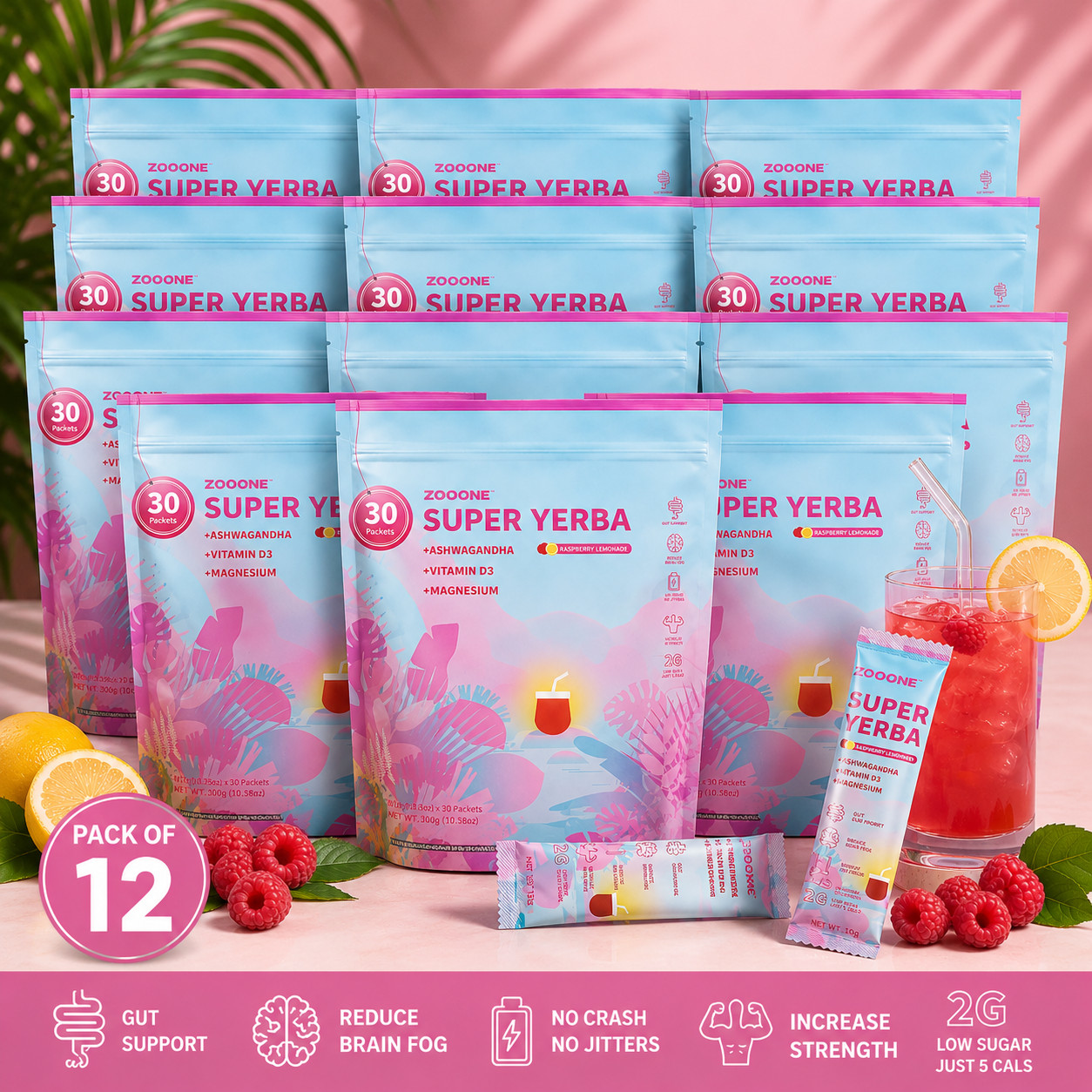 Zooone Super Yerba Pack of 12 Ashwagandha Vitamin D3 Magnesium Drink Mix