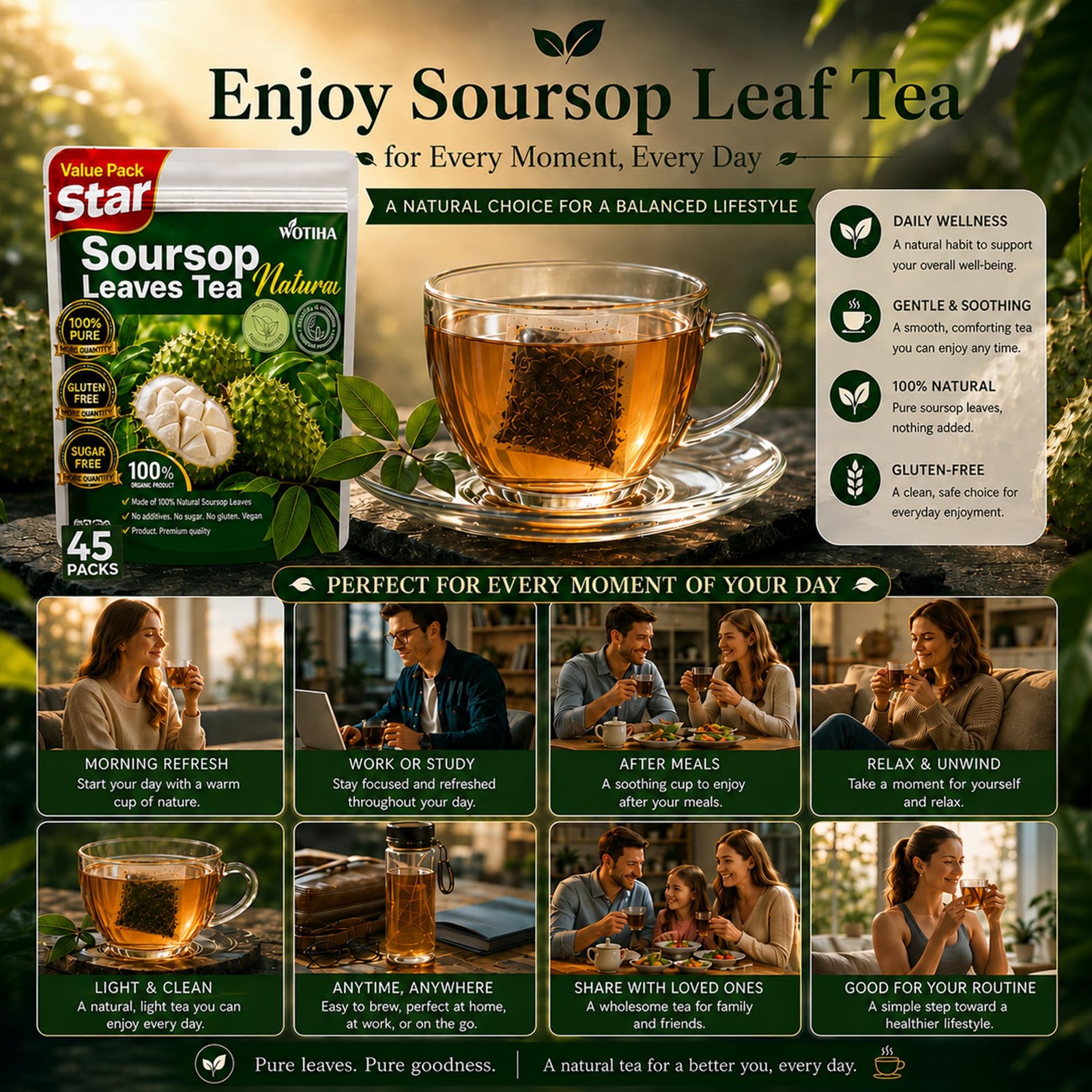 WOTIHA 45 Count Premium Soursop Graviola Tea Bags – 100% Natural soursop leav…