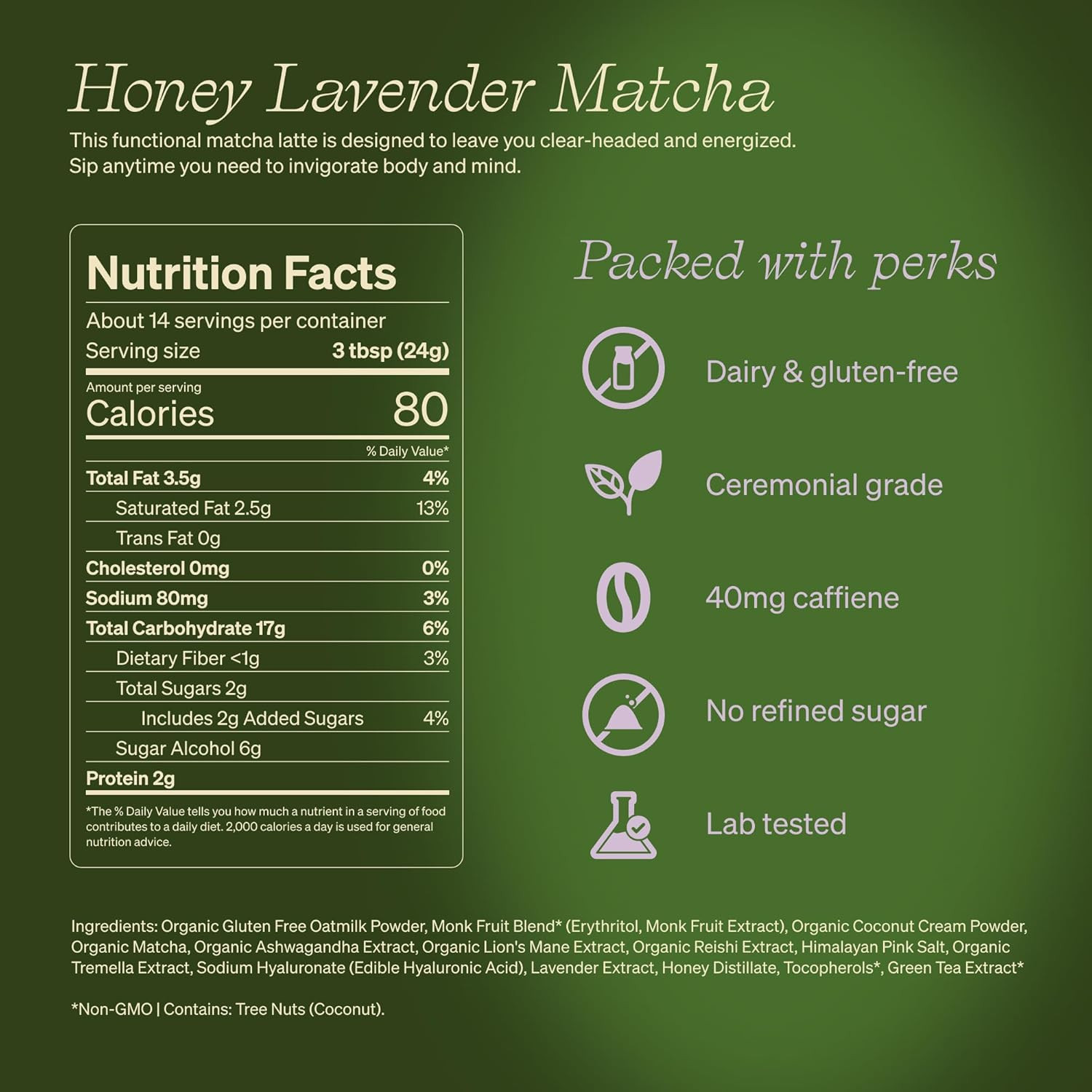 Clevr Honey Lavender Matcha Superlatte, Instant Ceremonial Grade, Superfood Powd