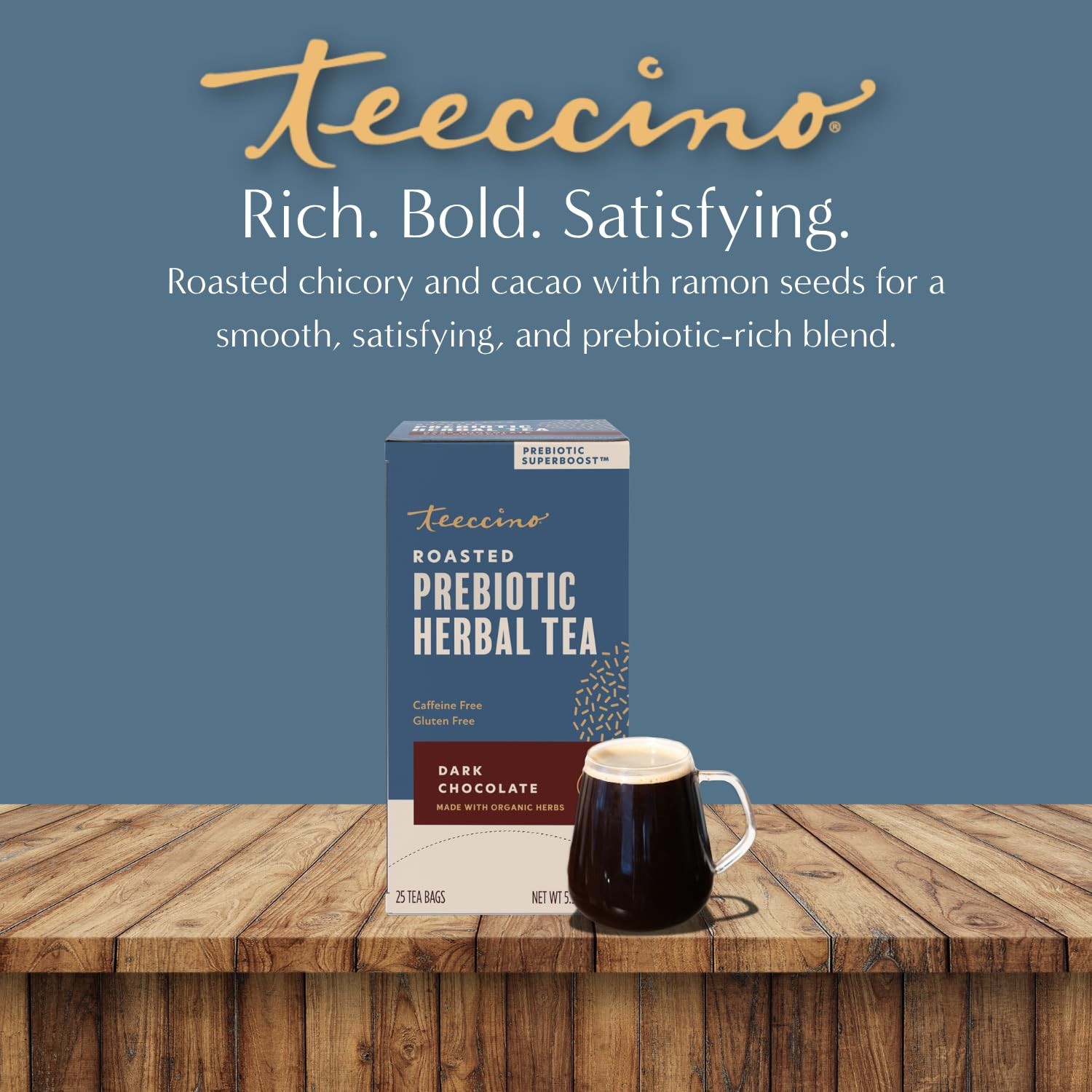 Teeccino Dark Chocolate Prebiotic Herbal Tea 25 Bags Gut Health Support
