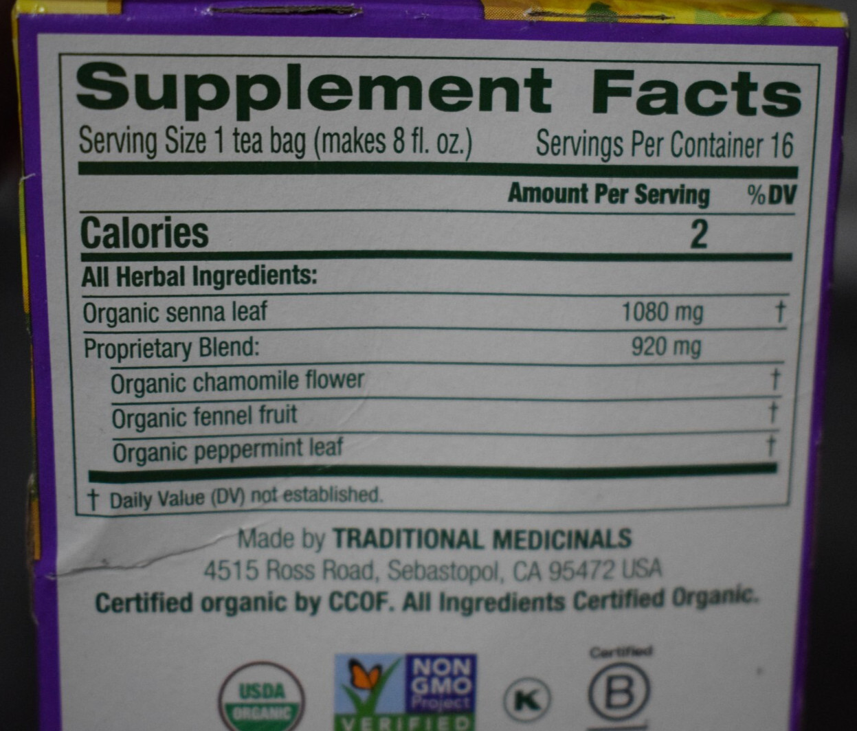 Organic Smooth Move Senna Chamomile Stimulant Laxative Caffeine-Free 16 TEA Bags