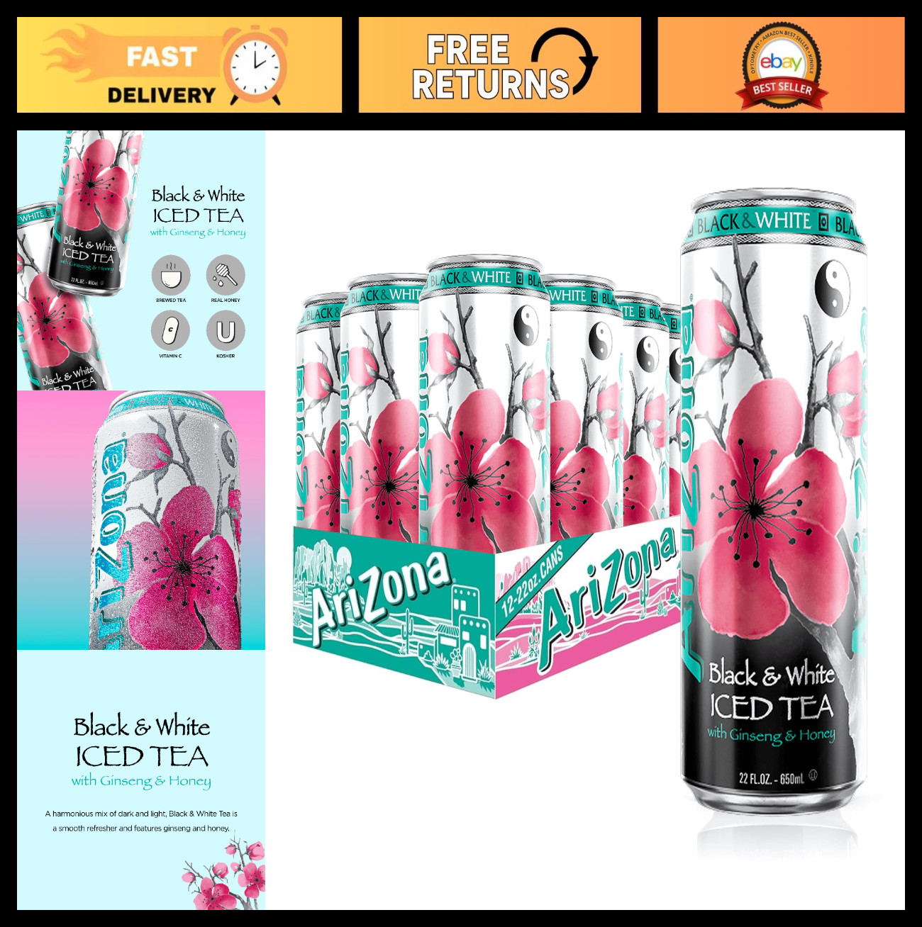 Black & White Tea – 22 Fl Oz Big Can (12 Pack) – Refreshing Iced Beverage