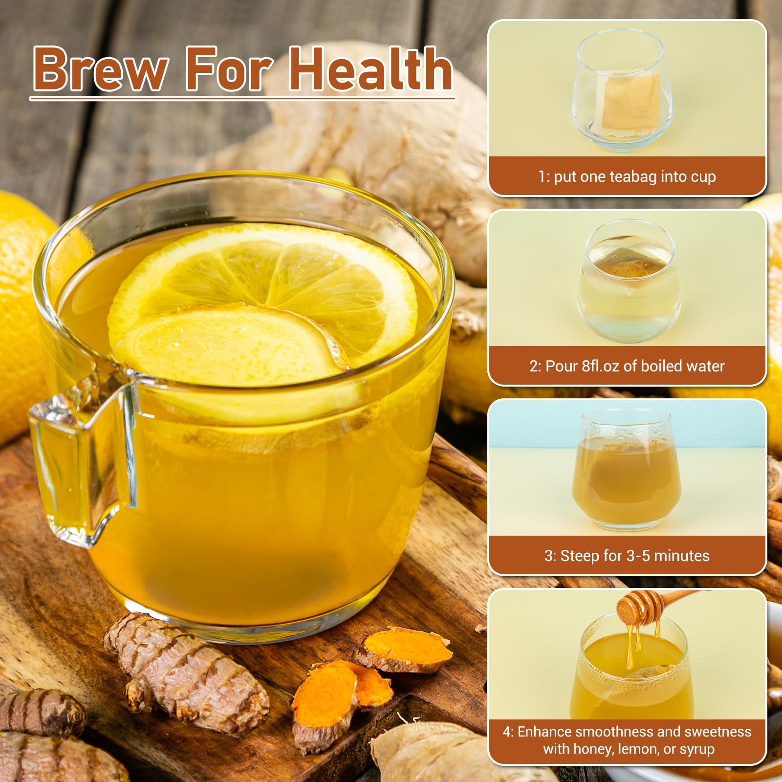 Turmeric Ginger Cinnamon Tea Bags, Pure Natural 60 Bags/1 Pack