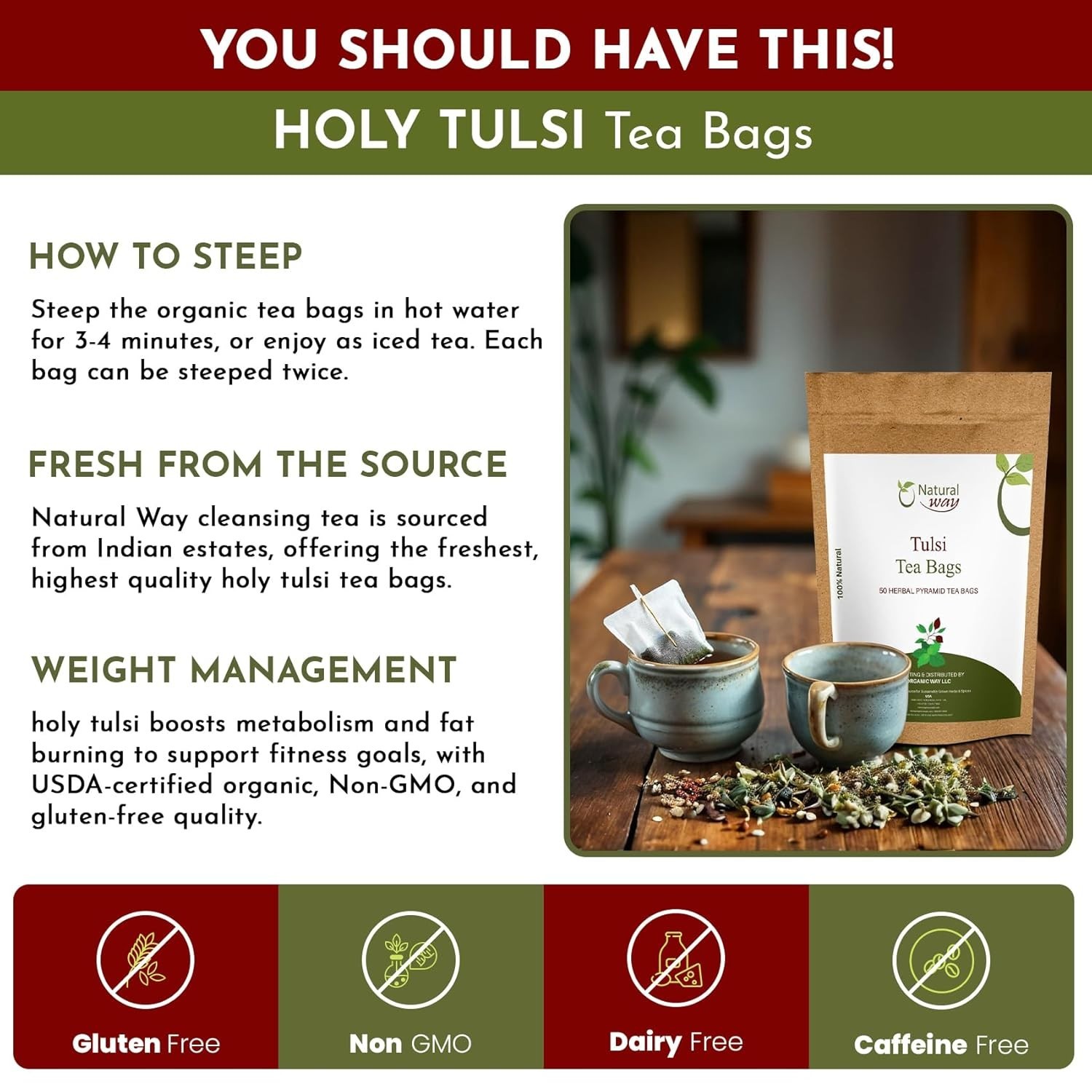 Holy Basil, Tulsi Tea Bags | Pyramid Tea Bags Caffeine-Free 9 OZ (Pack of 100)