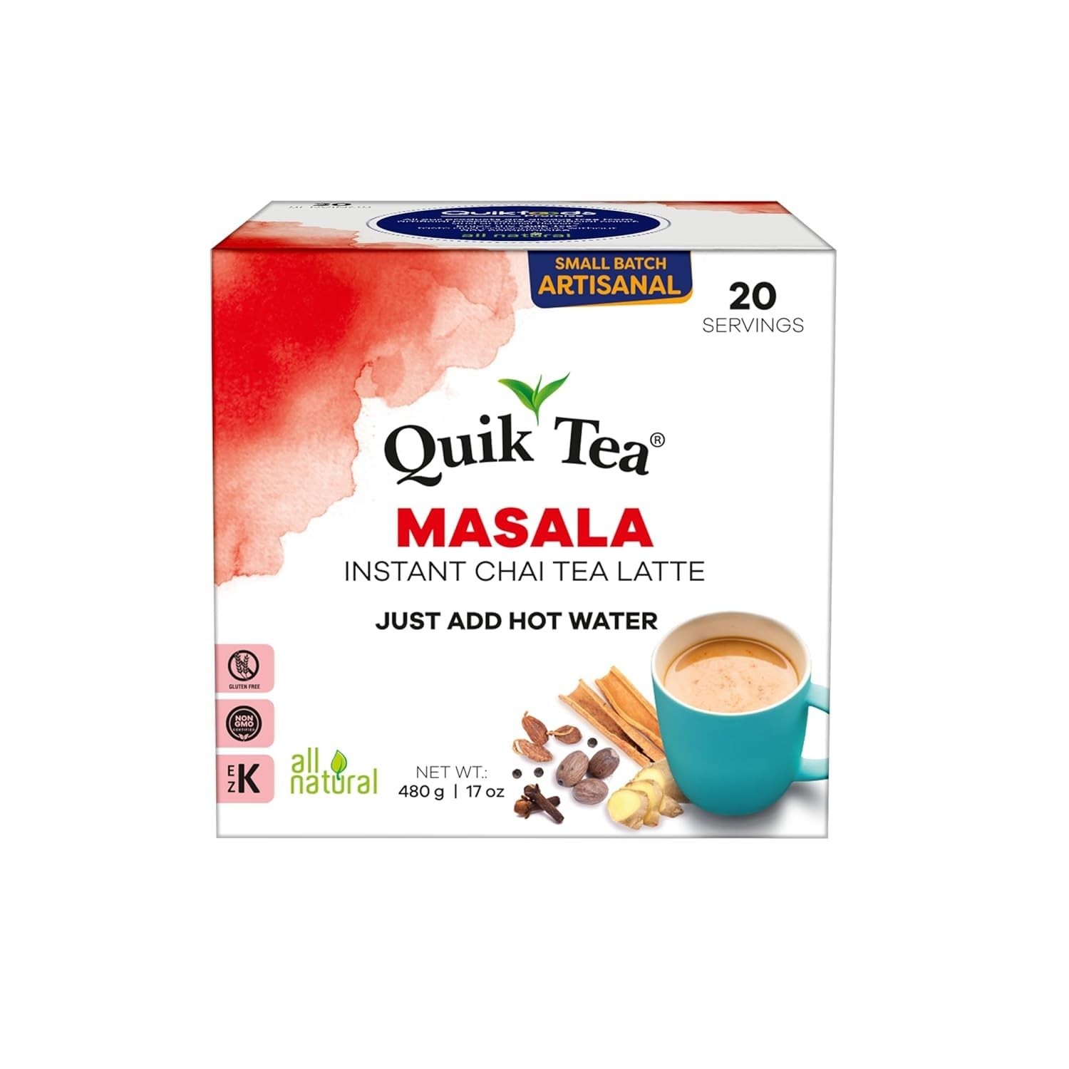 QuikTea Instant Masala Chai Tea Latte, 20 Single-Serve 20 Count (Pack of 1)