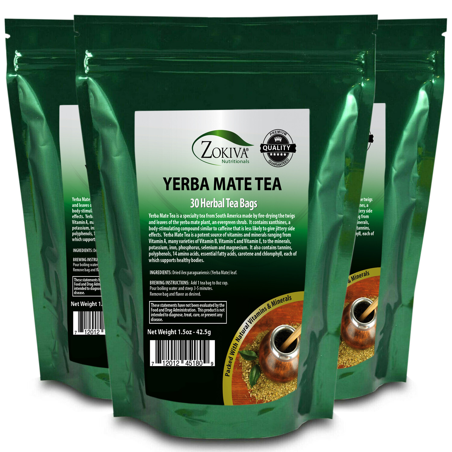 Yerba Mate Tea Bags 3-Pack (30 Bags) 100% Pure – All-Natural Premium Herbal Tea