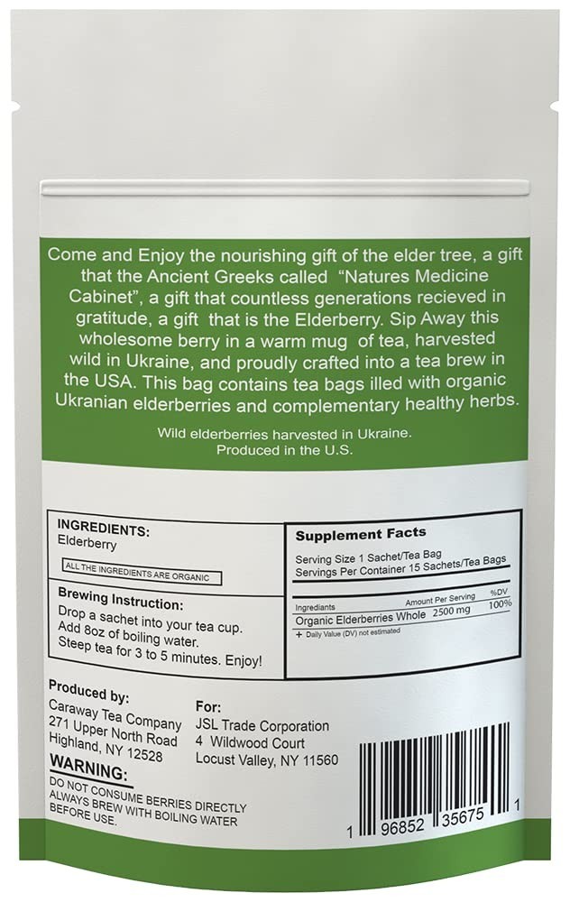 Organic Elderberry Tea 15 ct – Decaffeinated & Mildly Sweet with Eco Pouch