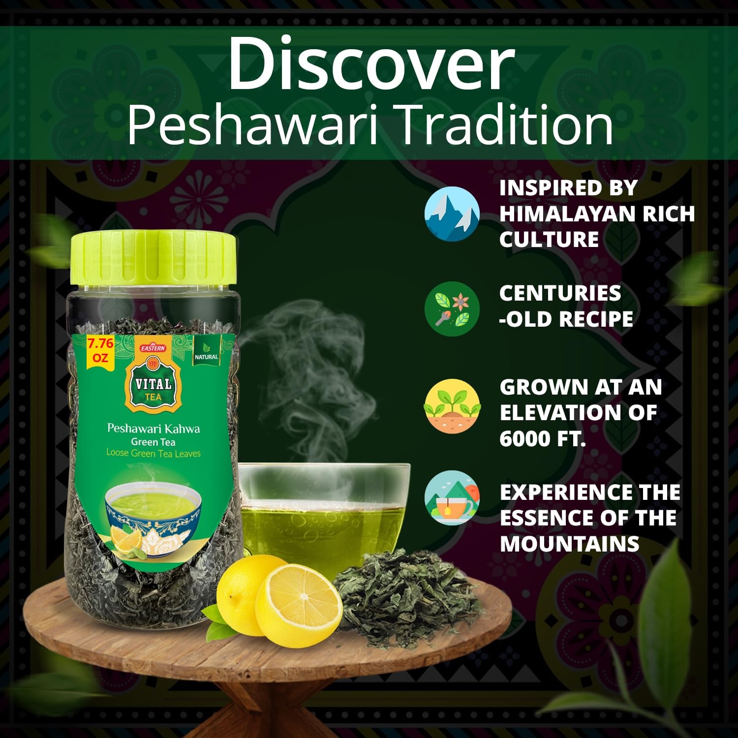 Peshawari Kahwa Tea – 220g Loose Leaf Jar, Premium Green 1 Count (Pack of 1)