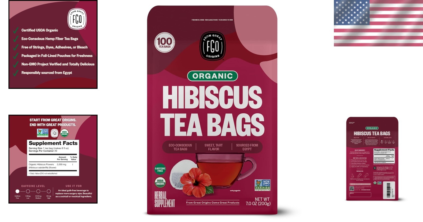 Organic Hibiscus Tea Bags Caffeine Free Eco-Conscious 100 Count Pack