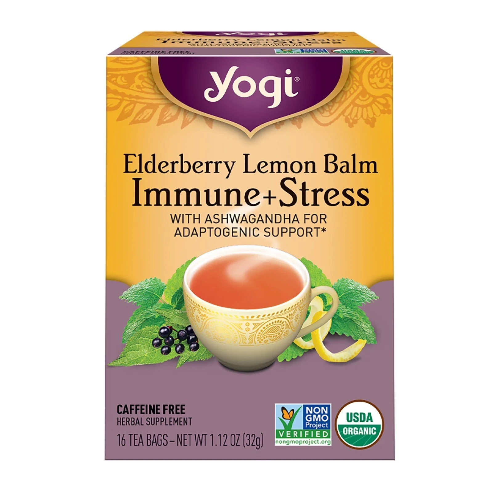 2 Pack Yogi Tea Elderberry Lemon Balm Immune Plus Stress Herbal Tea Bag 32 Count