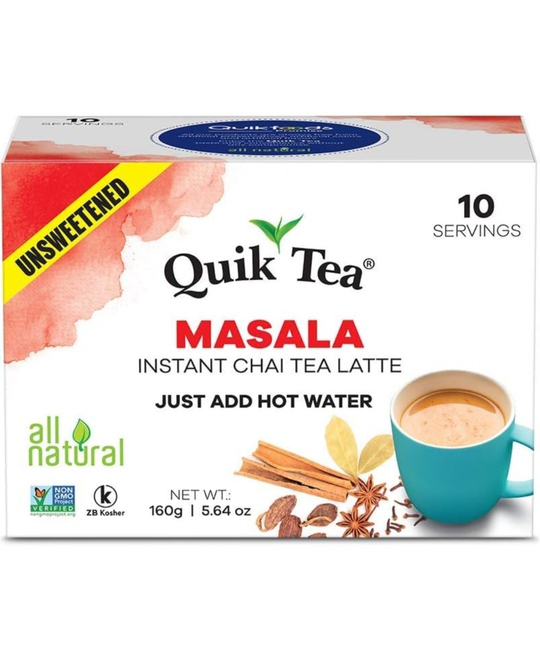 QuikTea Unsweetened Masala Chai Tea Latte – 100 Count (10 Boxes of 10 Each)
