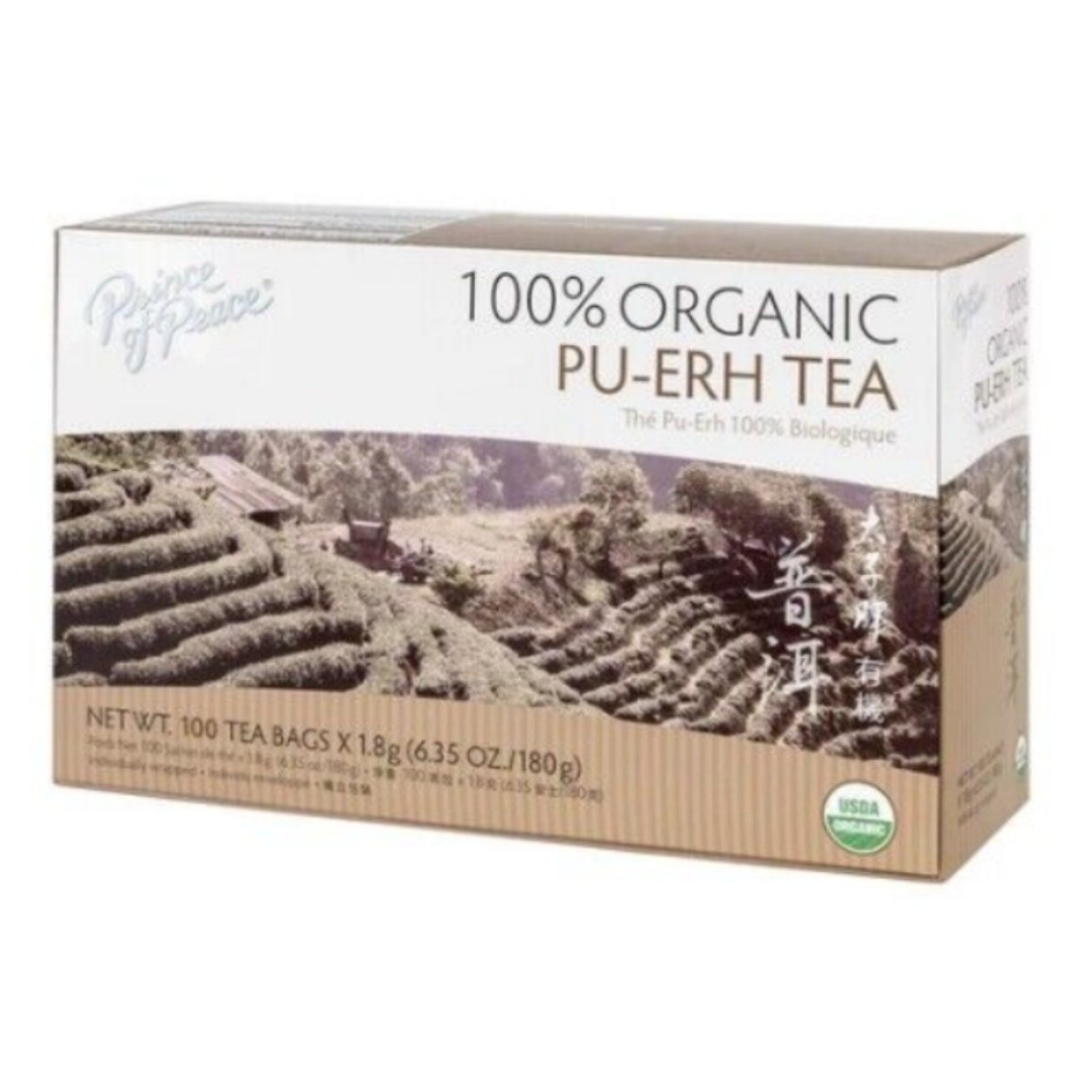 100% Organic Pu-erh Tea, 100 Tea Bags Each Box -Prince of Peace