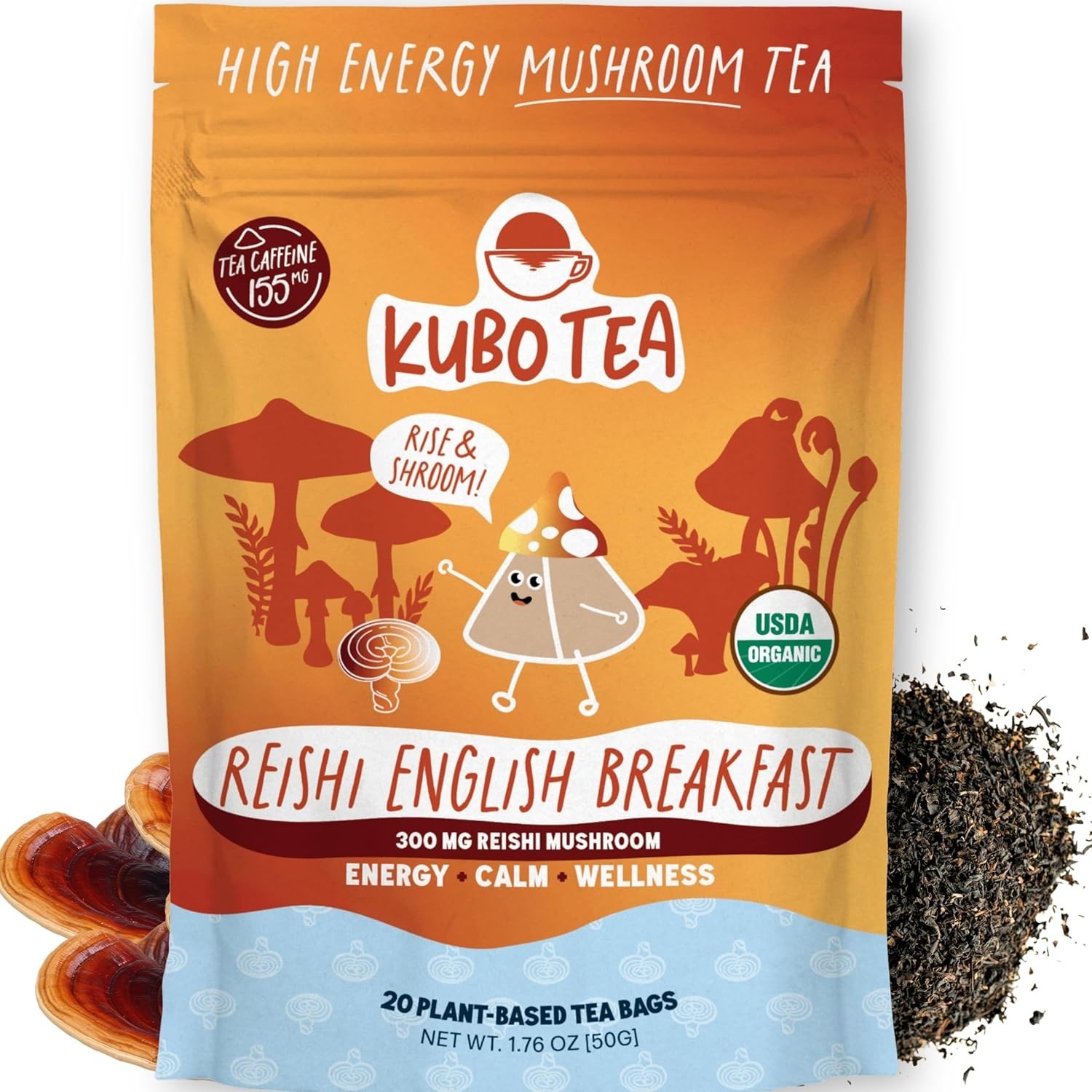 High Caffeine Mushroom Tea 155 mg – : Organic Reishi Breakfast Black Tea Bags…