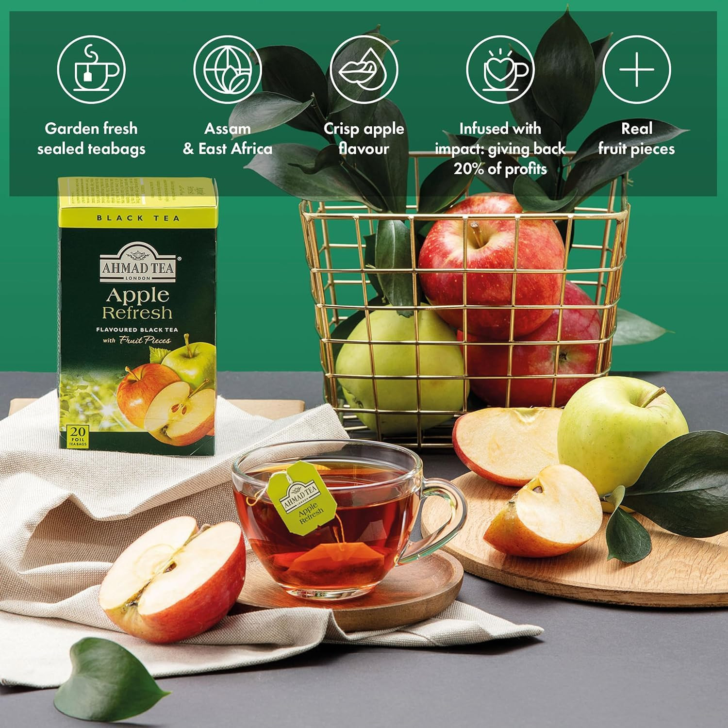 Ahmad Tea Apple Refresh 20 Count Black Tea Bags Naturally Caffeinated Sugar Free