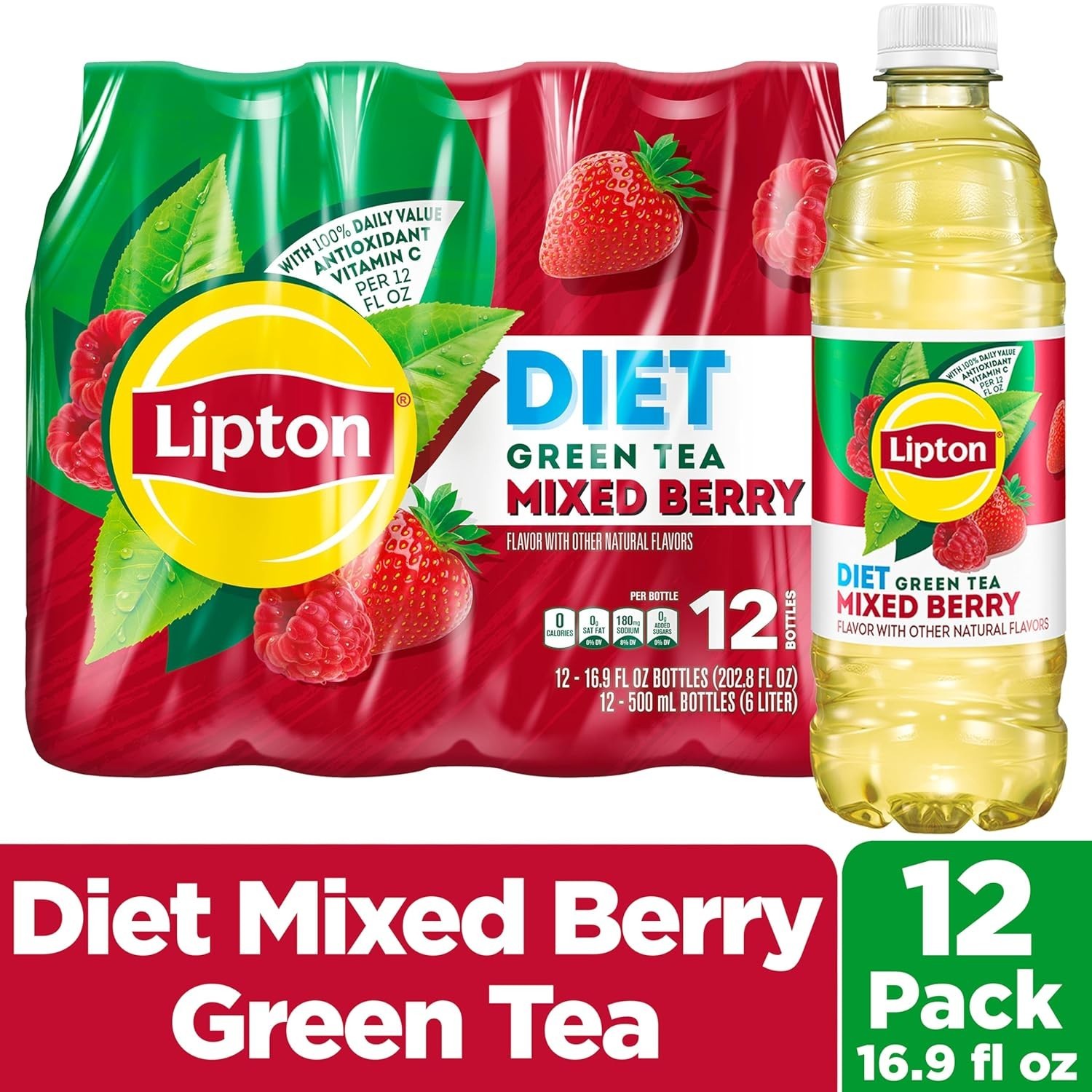 Lipton Diet Mixed Berry Green Tea, 16.9 Fl Oz Bottles (Pack of 12)Free Shipping