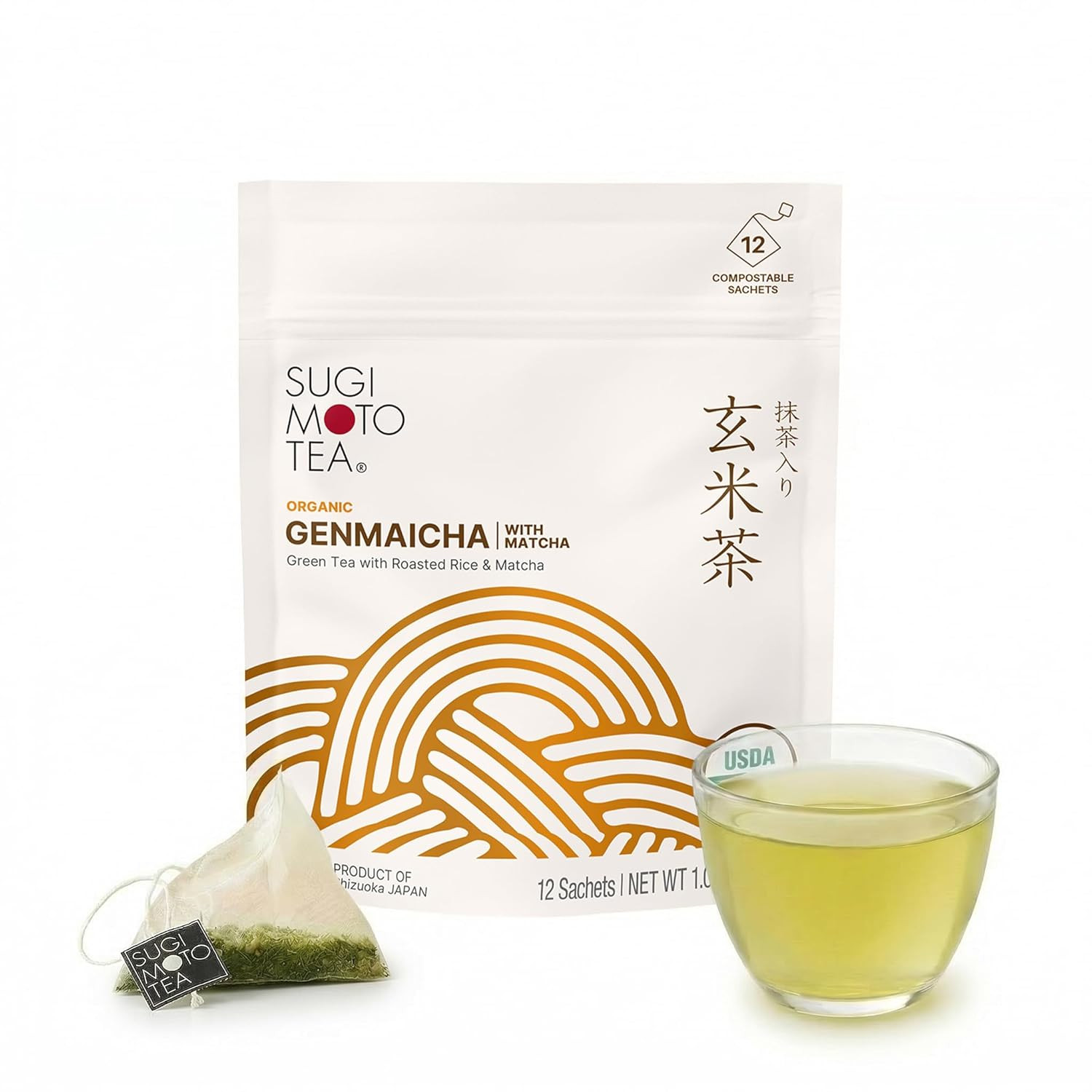 SUGIMOTO TEA Japanese Organic Genmaicha with Matcha Green Tea Bags 12 Count