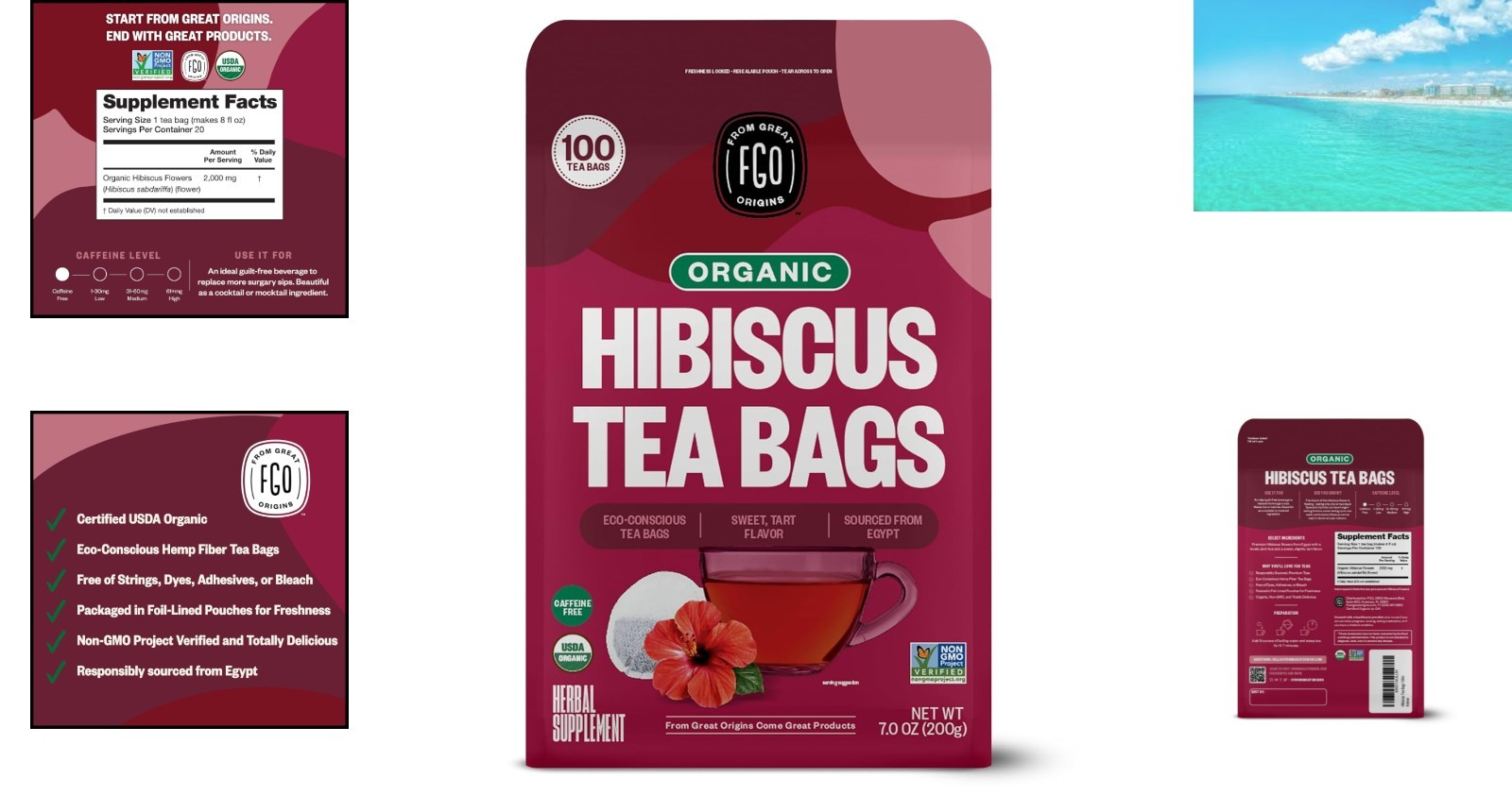 100 Count Organic Hibiscus Tea Bags, Eco-Friendly & Caffeine-Free Herbal Delight