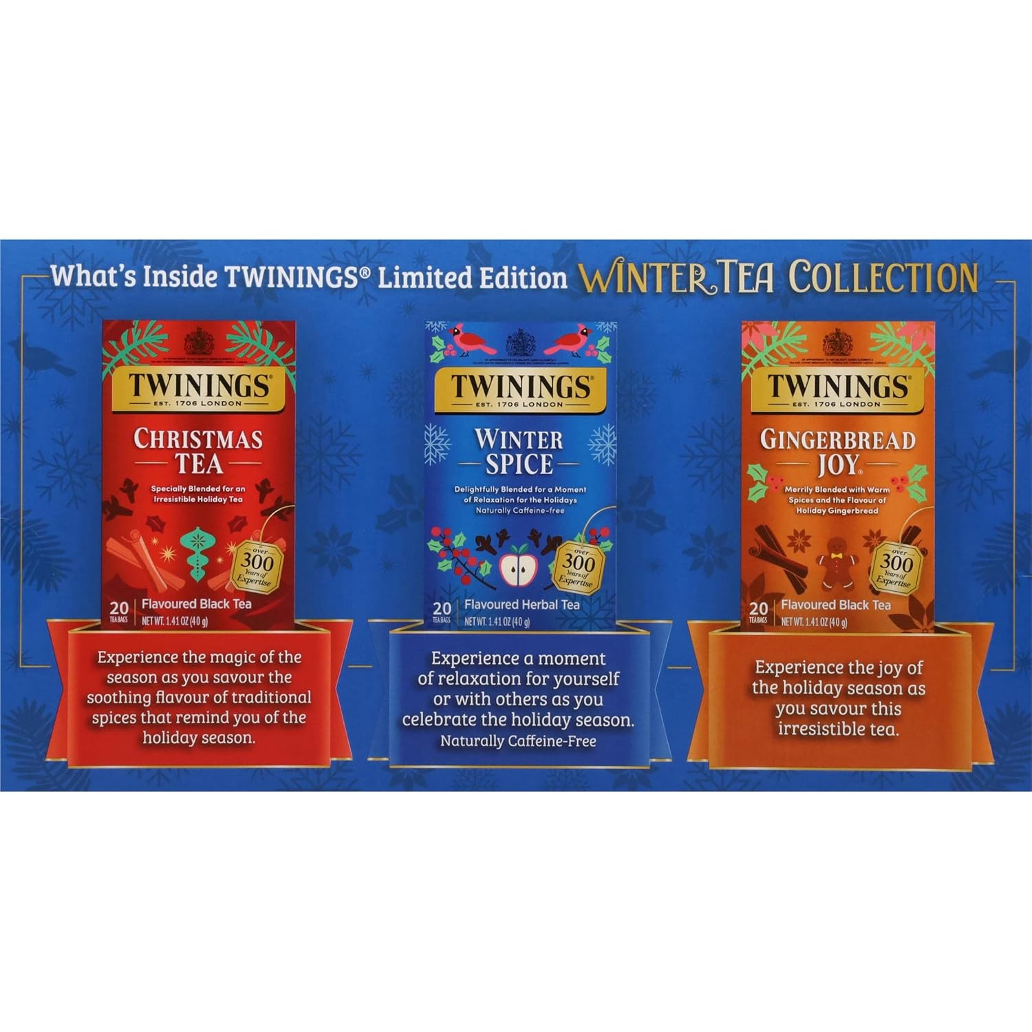 Winter Tea Collection, Limited Edition Holiday Gift Box, 20 Count (Pack of 3), I