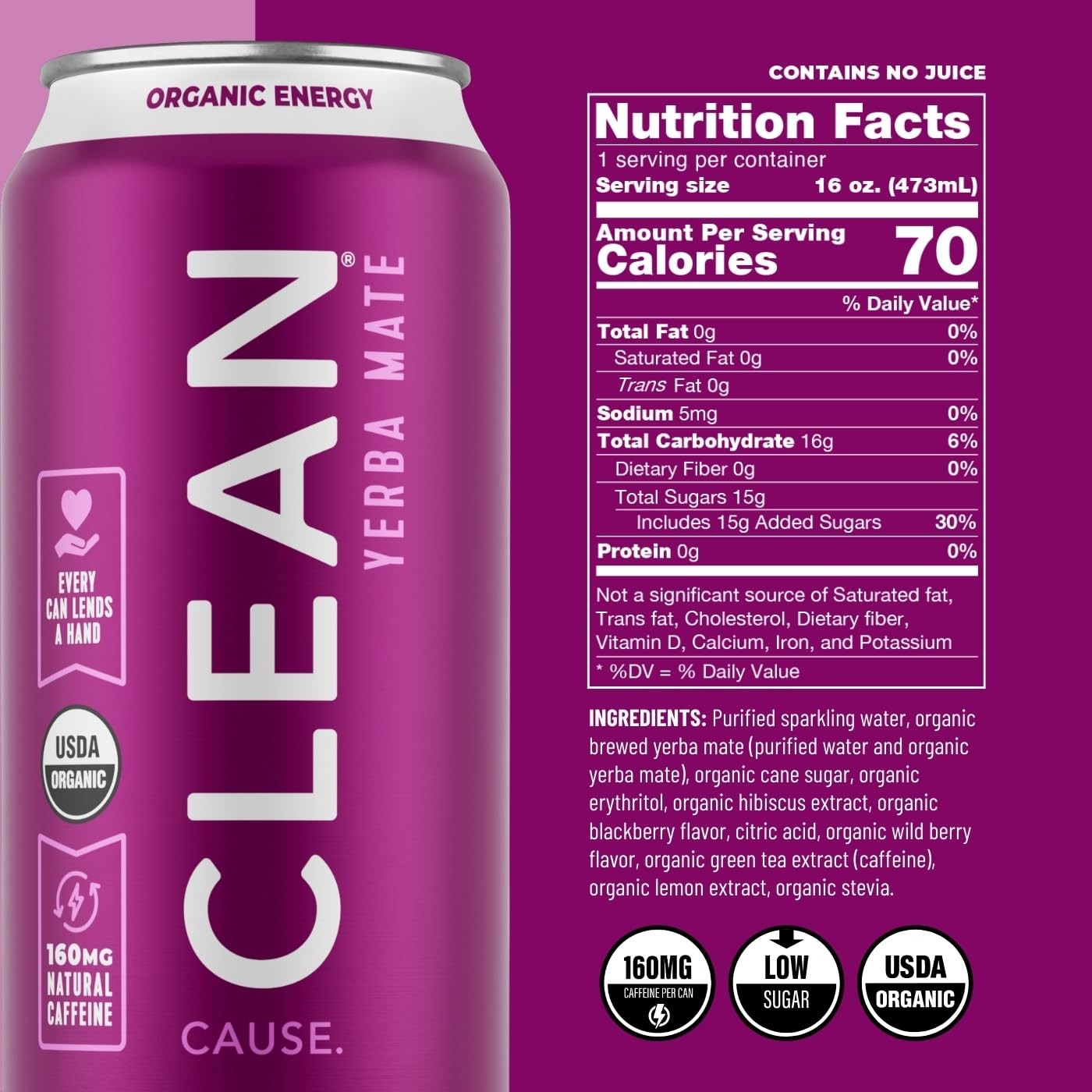 CLEAN Cause Low Calorie Blackberry Yerba Mate Tea Sparkling, USDA Organic Ene…