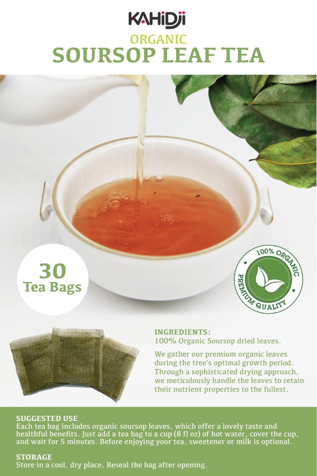 Premium Organic Soursop Guanabana Graviola 30 Tea Bags 100% Pure Leaf -1 pk