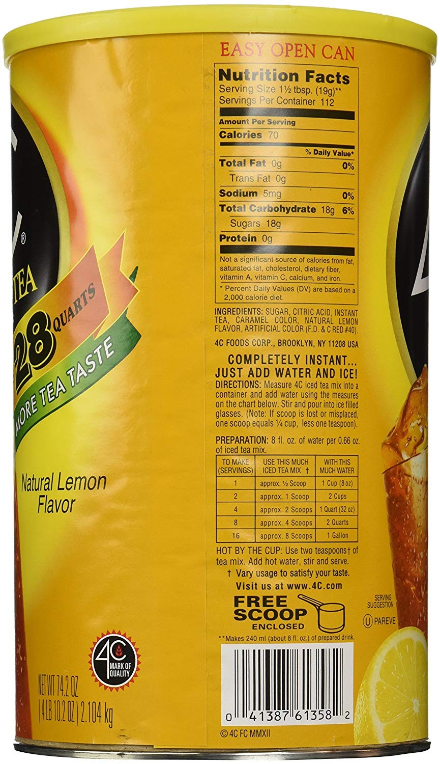 4C Foods, Lemon Flavor Iced Tea Mix, 66.1 Ounce