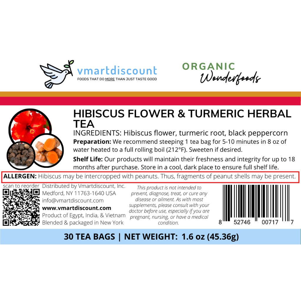Hibiscus Flower Turmeric Root Herbal Tea 30Tea Bags, All Natural, Caffeine-Free