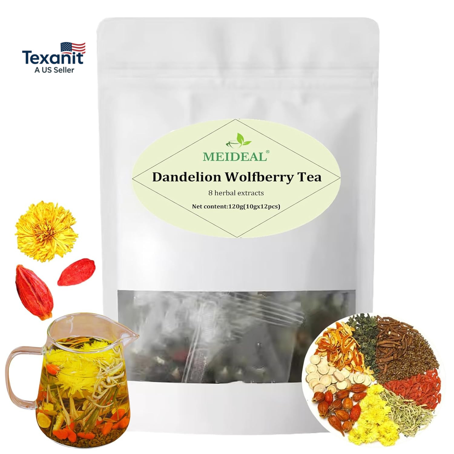 Dandelion Wolfberry Tea, 8 Natural Herbal Ingredients, Dandelion Teabag Organic,