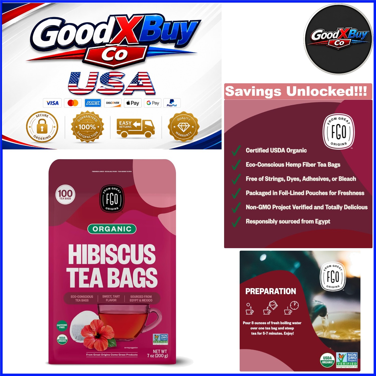 Organic Hibiscus Tea Bags 100 Count Caffeine Free Non-GMO Eco-Friendly