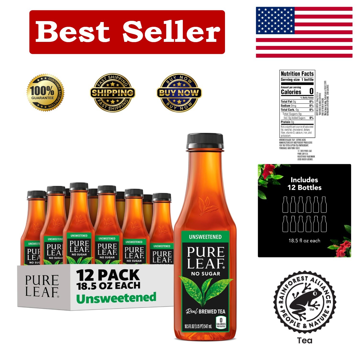 Pure Leaf Unsweetened Iced Tea – Zero Sugar & Calories, 12×18.5 Fl Oz Bottles